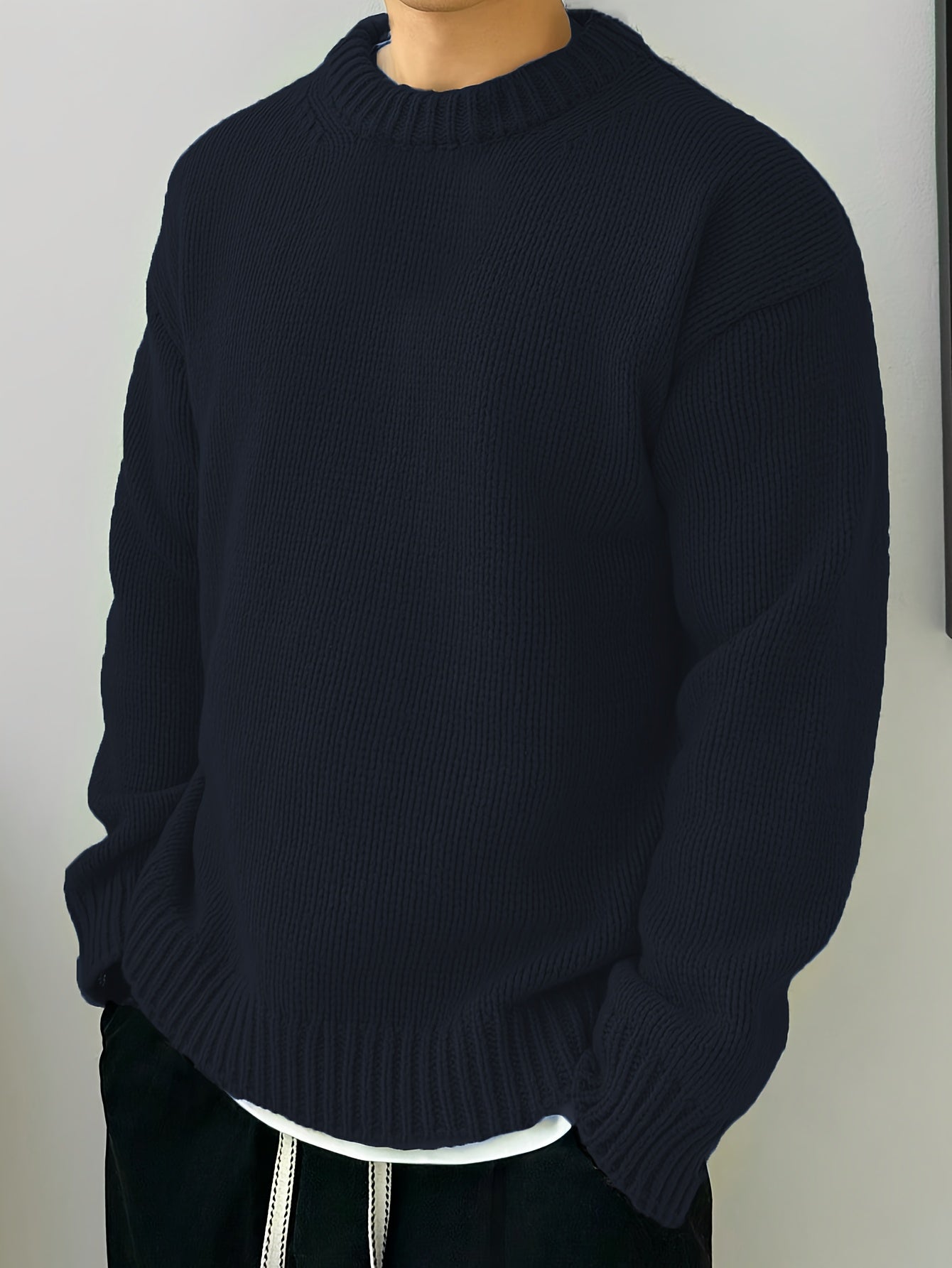 Men's Solid Knitted Pullover, Casual Long Sleeve Crew Neck Sweater For Fall Winter