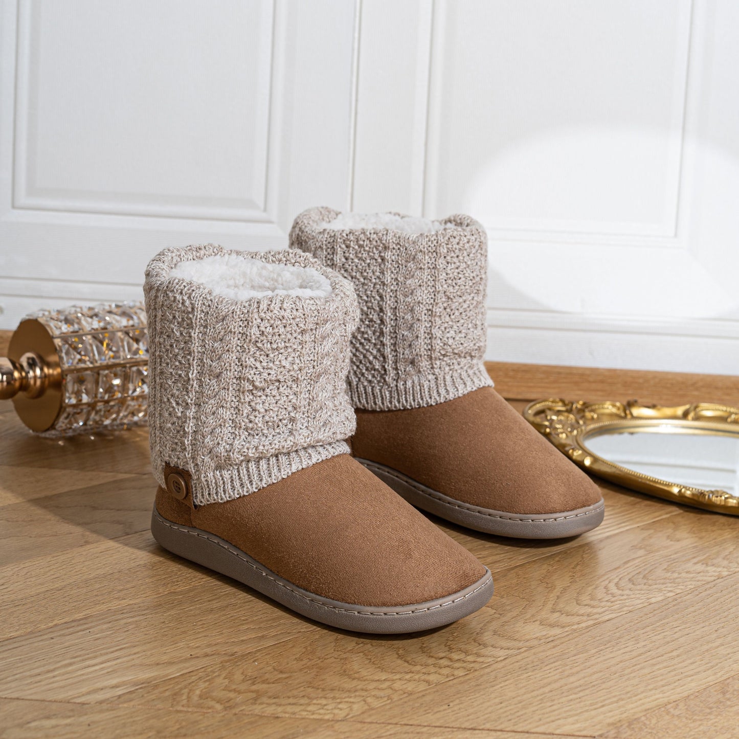 Women's Knitted Winter Boots - Thickened Warm Ankle Boots with Ribbed Texture, Soft Fabric Upper & TPR Sole, Hand Washable Casual Shoes for Fall/Spring (Black & Brown), Knit Boots, Seasonal Footwear, Cozy Footwear, Comfortable Lining, Comfort Se