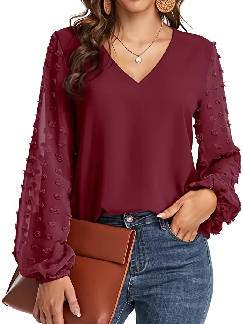 Solid Polyester Sweater Swiss Dot Sleeve