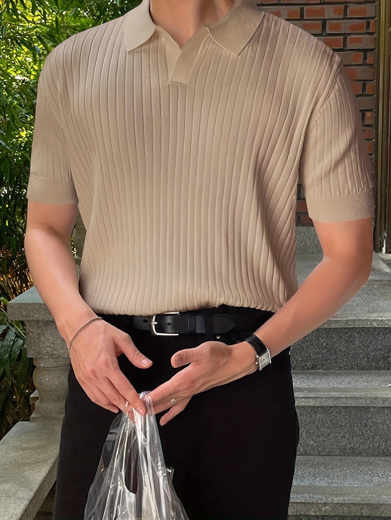 2024 New Men'S Small Hole Short Sleeve Polo Shirt Knitted Sweater - Beige, Medium Stretch, Solid Color, Regular Fit, All-Season Casual Wear, Casual Wear Sweater|Minimalist Style|Knit Construction, Sweater Vest