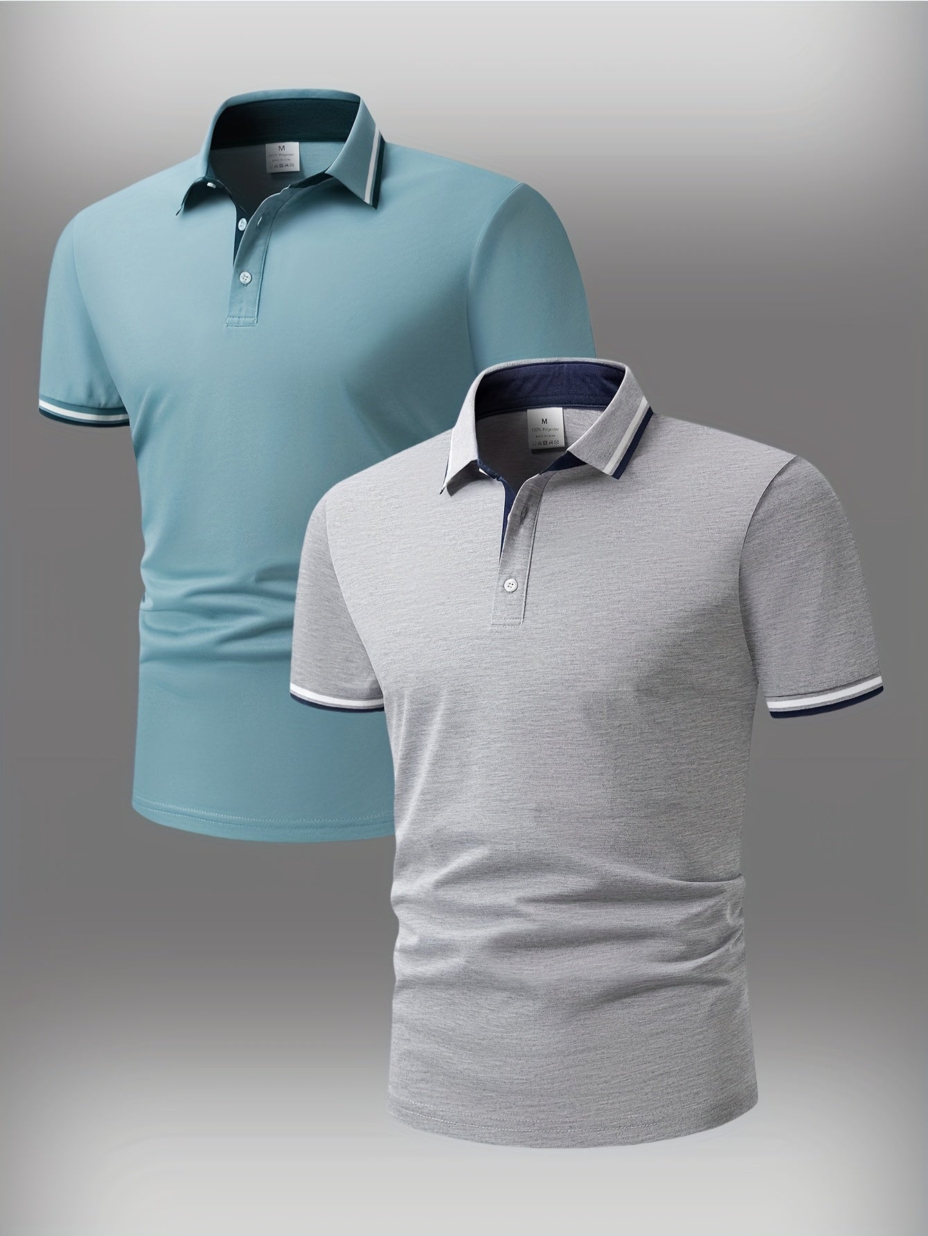 2pcs Men's Short-Sleeve Shirts with Contrast Collars - Lightweight Polyester, Pastel Blue & Pink, Turn- Collar, Button Closure, Regular Fit, Casual & Business-Casual Wear, Ideal for Summer or Gifting, Short Sleeve Tops