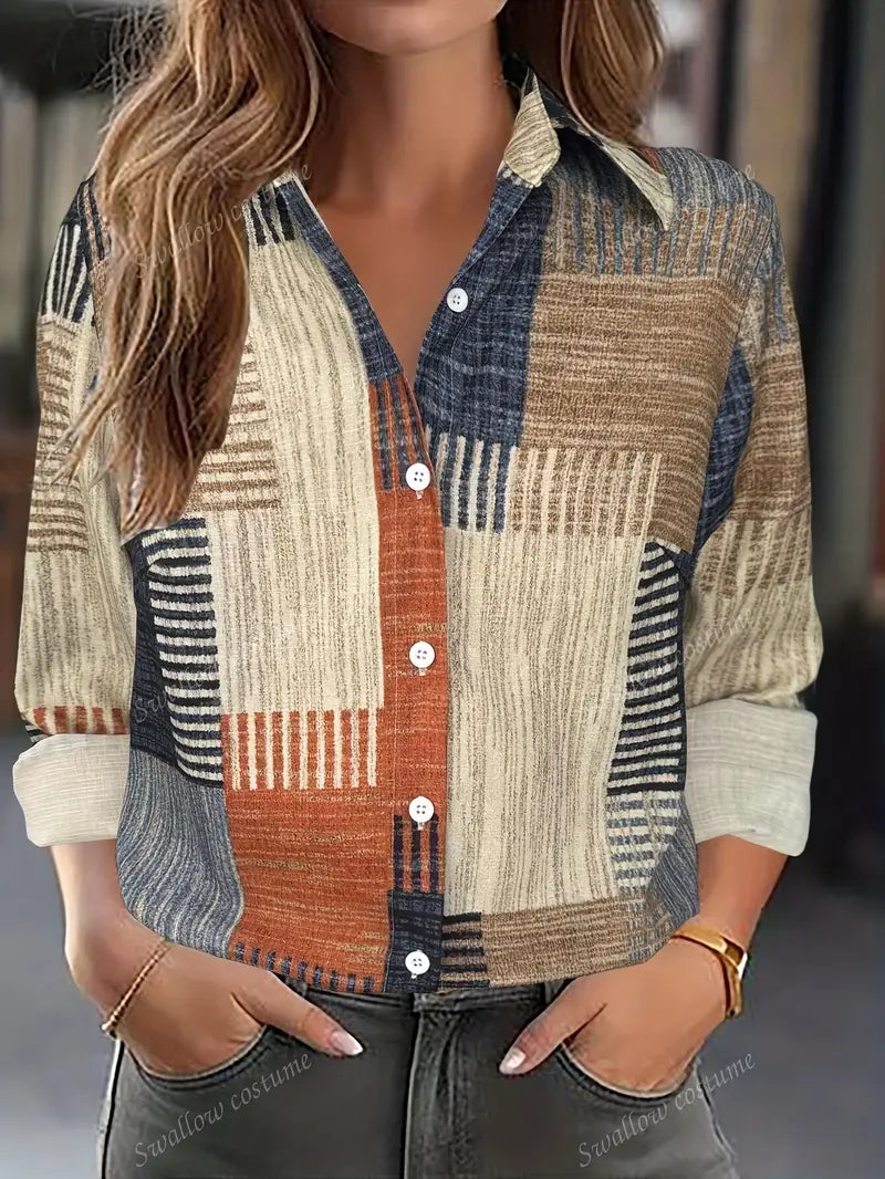 Striped Polyester Blouse Lapel