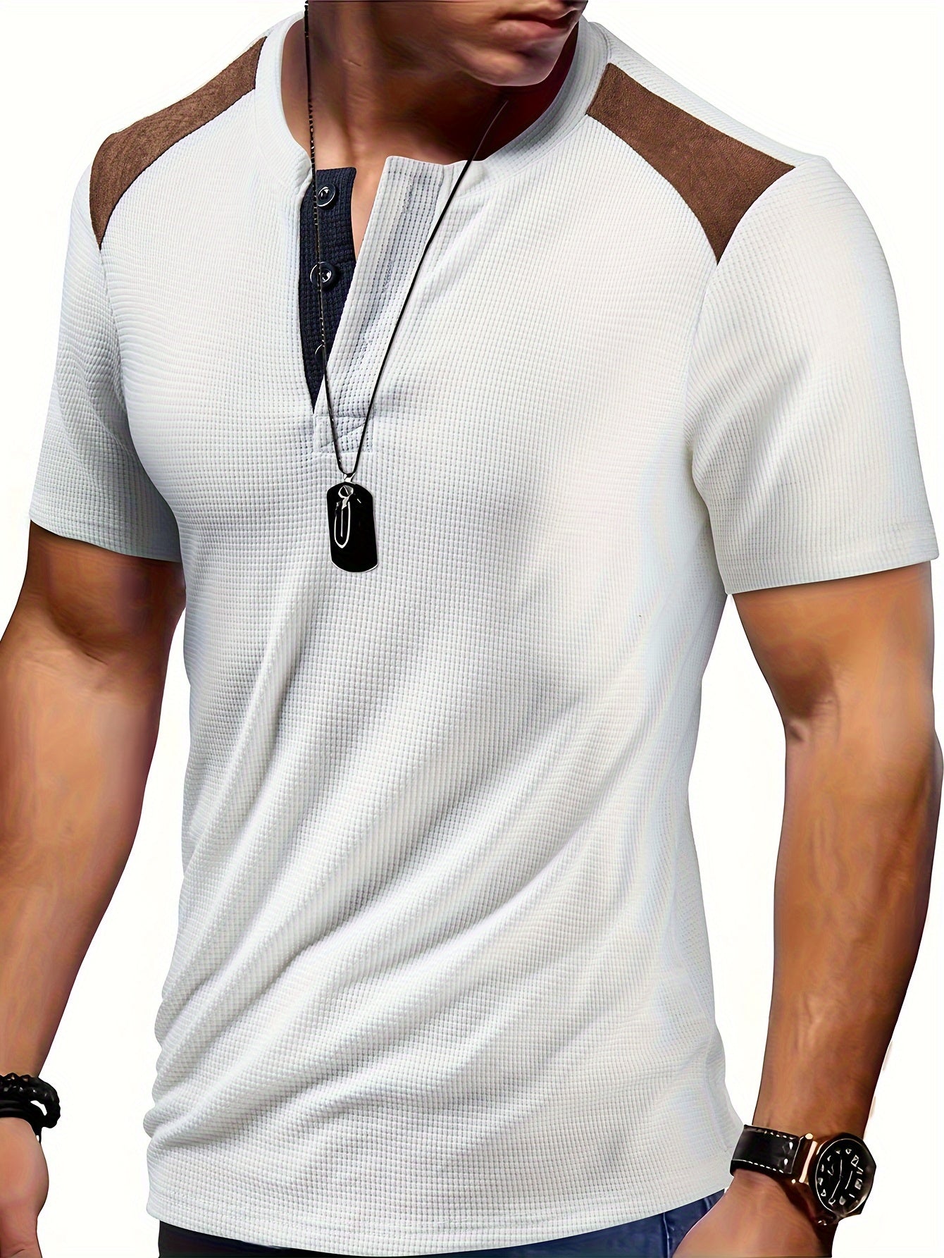 Men'S Waffle Texture Two-Tone Henley Shirt - Casual Summer Short Sleeve, Round Neck, Non-Stretch Fabric