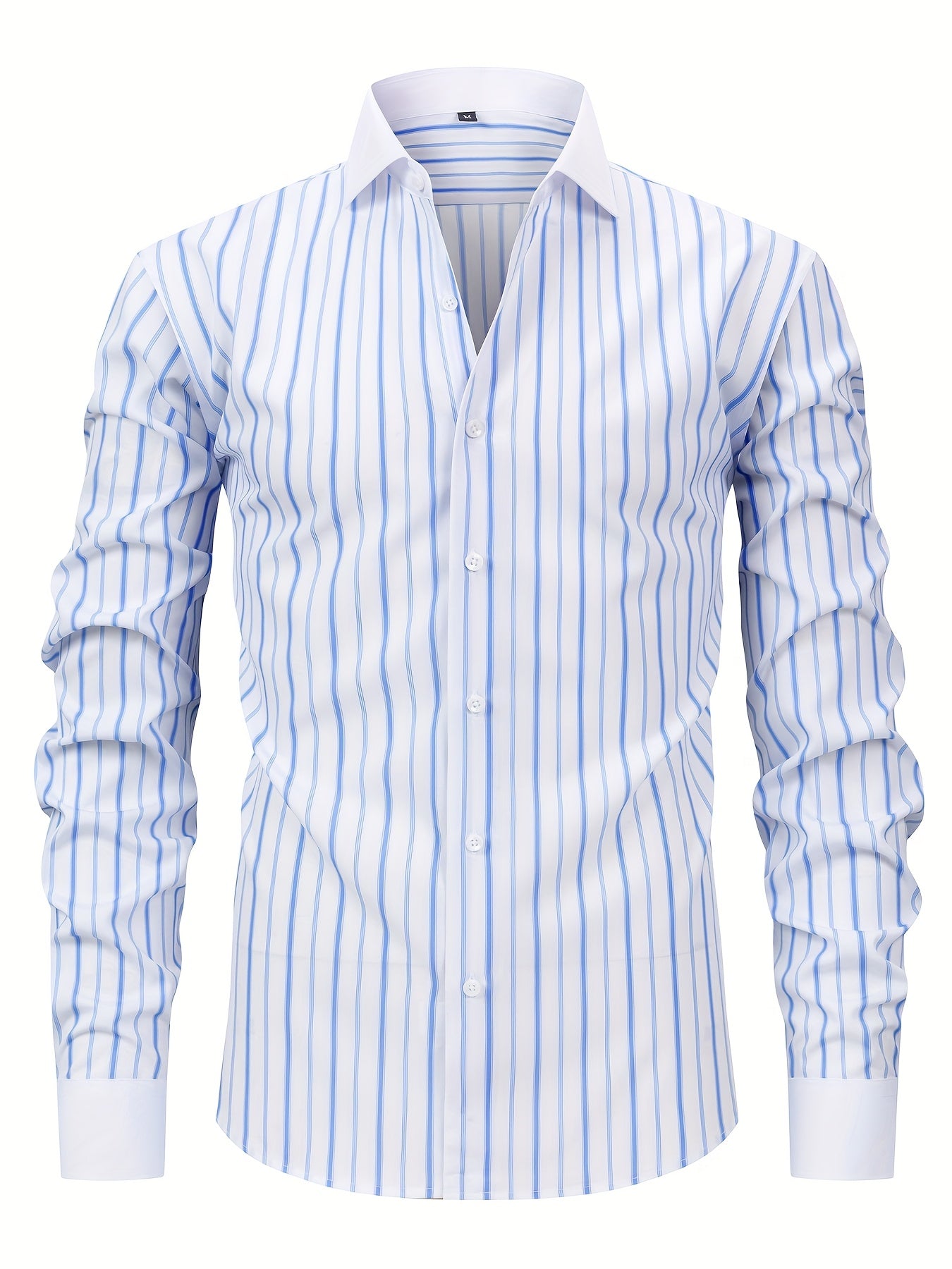 Men'S Elegant Striped Long Sleeve Button-Up Shirt - Red & White, Stretchy Polyester Blend, Fitted Design, Perfect for Business or Casual Wear, Gift for Me