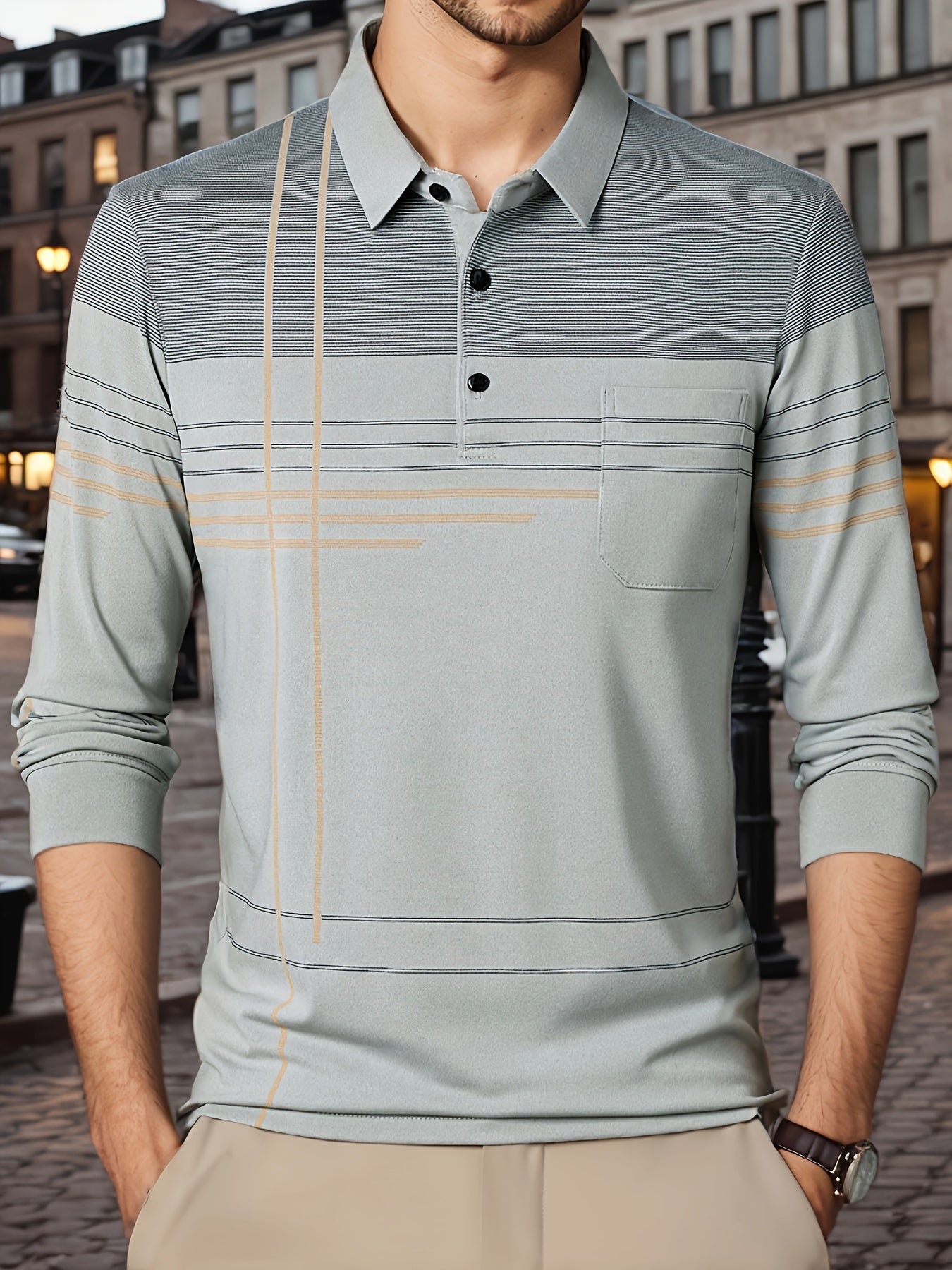 Men's Vintage-Inspired Striped Shirt with Chest Pocket - Breathable, Long Sleeve, Button Detail for Golf & Outdoor Activities