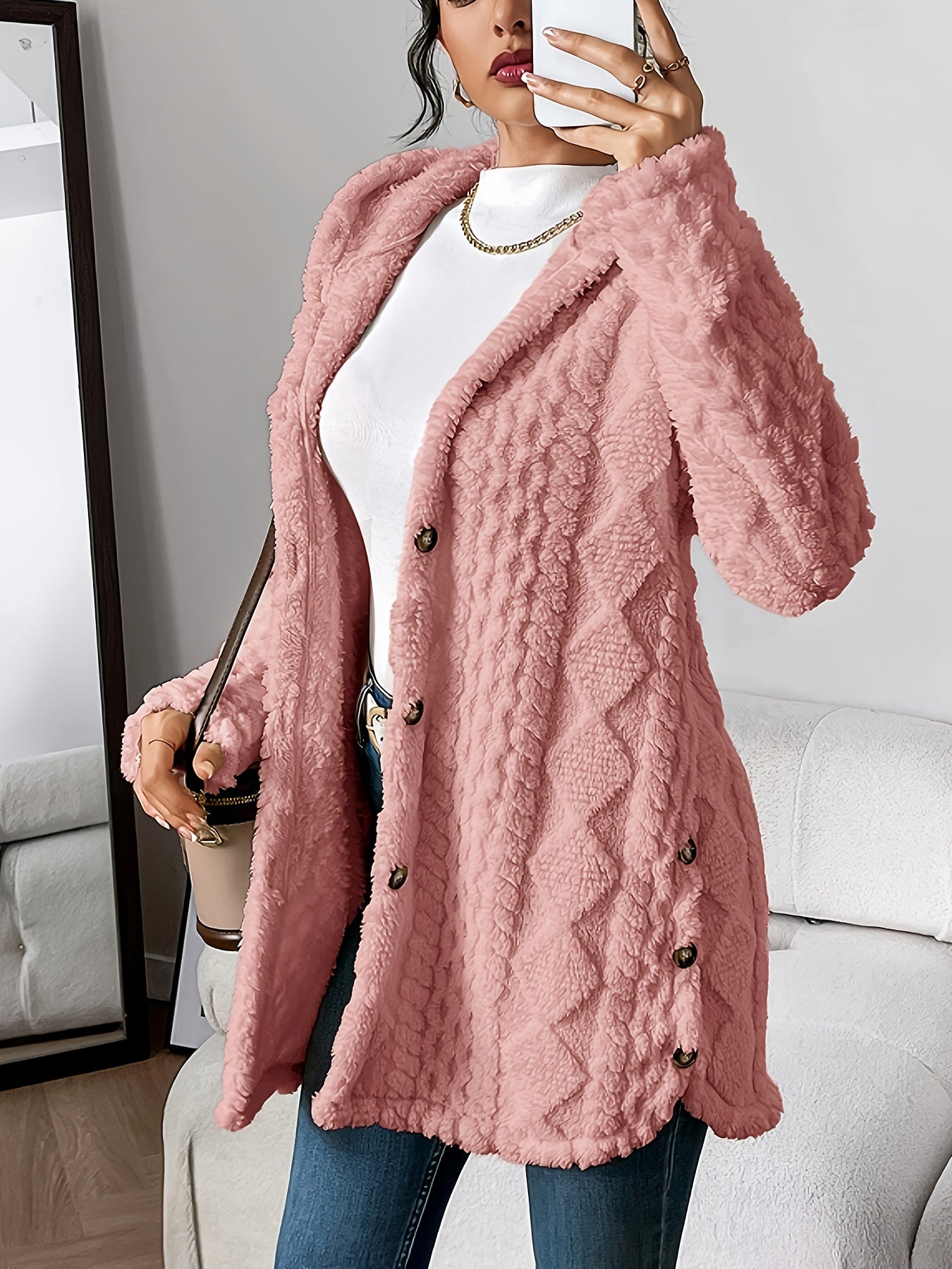 Autumn-Winter Warm Fashion Jacquard Plush Hooded Cardigan Coat