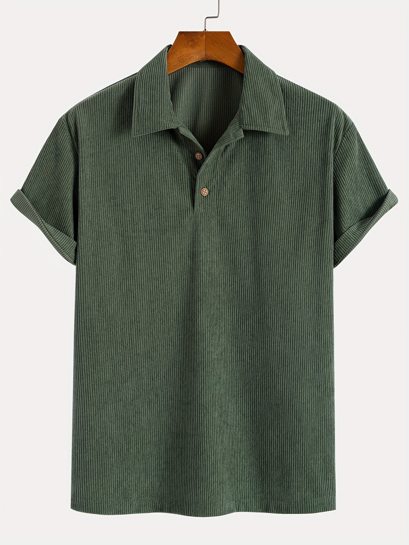Men's Trendy Stretch Textured Flannel Shirt with Light Beige-Friendly Breathable Material, Turn- Collar 4/1 Button Half-Open Front Casual Casual Attire Versatile Street Style Summer New Arrival Army Green Short Sleeve T-Shirt