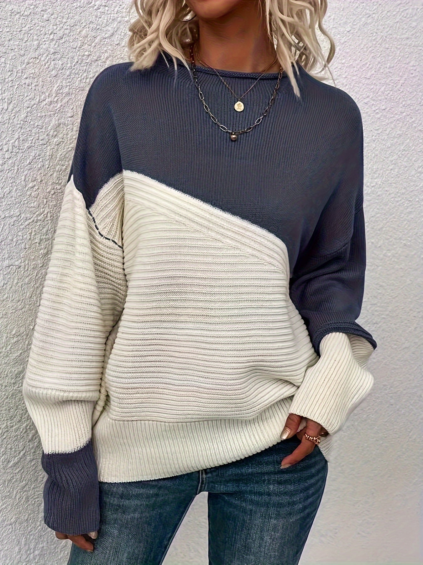 Womens Elegant Color Block Funnel Neck Pullover Sweater - Soft High Elasticity Acrylic Knit Fabric, Long Sleeve Drop Shoulder Design, Easy Care Hand Wash or Dry Clean, Perfect for Fall and Winter - Classic Style for Casual Daily Wear