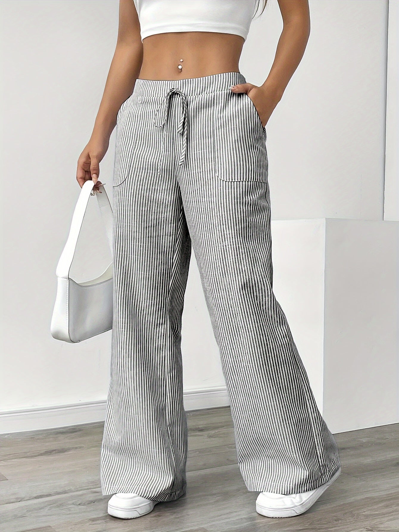 Slant Pockets Wide Leg Pants, Casual Striped Print Loose Drawstring Waist Pants For Spring & Summer, Women's Clothing
