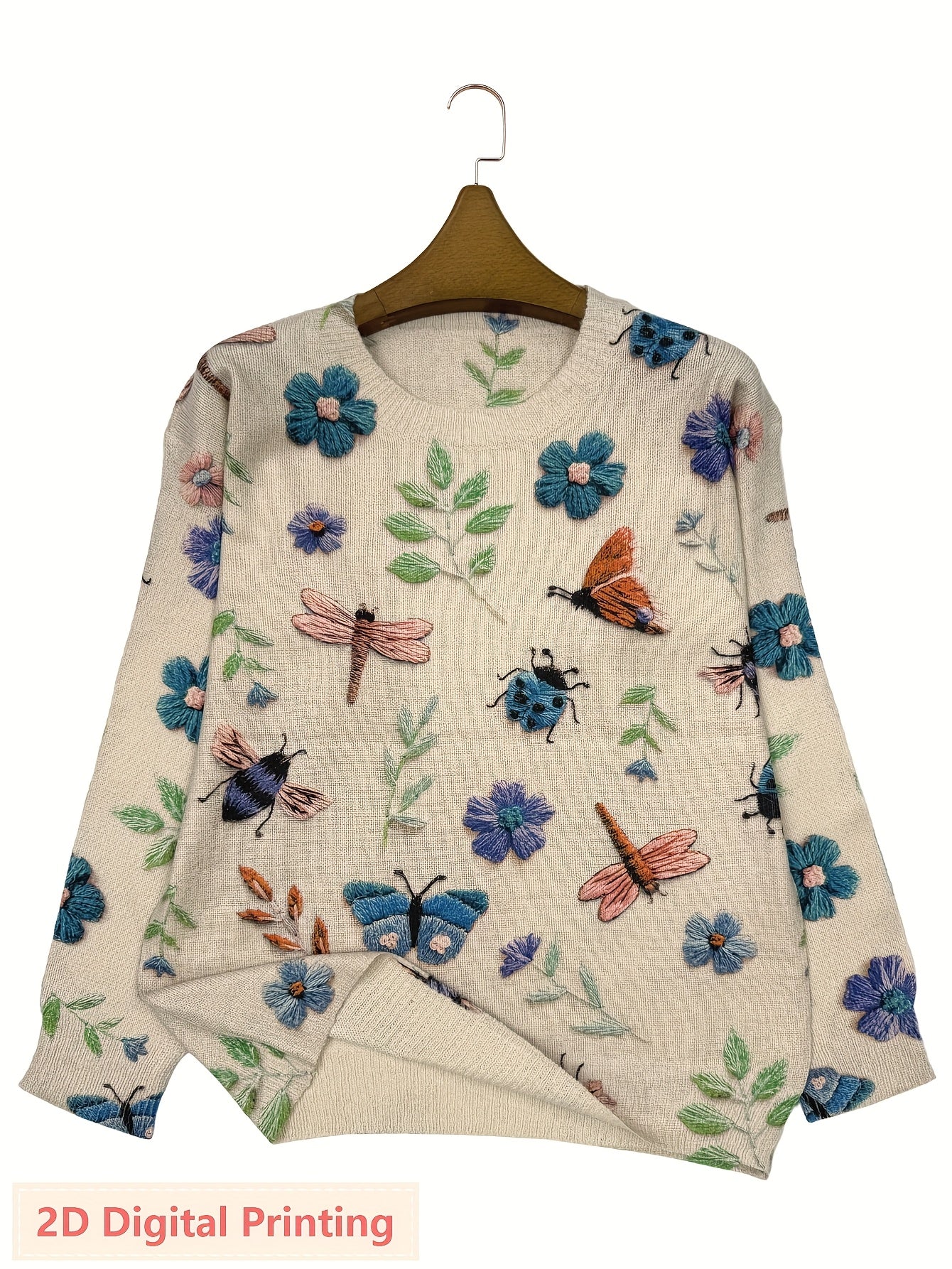 Women'S Lightweight Sweater - 2D Digital Printing-All-Over Floral & Insect Print in Beige/Red/Blue/Black/White/Gray/ - Soft Everyday Pullover for Fall/Winter - Casual Chic Sweater for Everyday & Formal Outfits - Women'S Sweater, Ladies Sweaters,