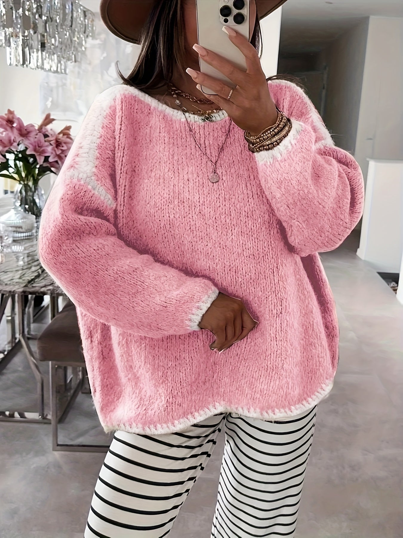Solid Off-the-Shoulder Color Block Knit Sweater - Casual, Polyester, Fall/Winter, Knit Fabric, 88.2 g/m²