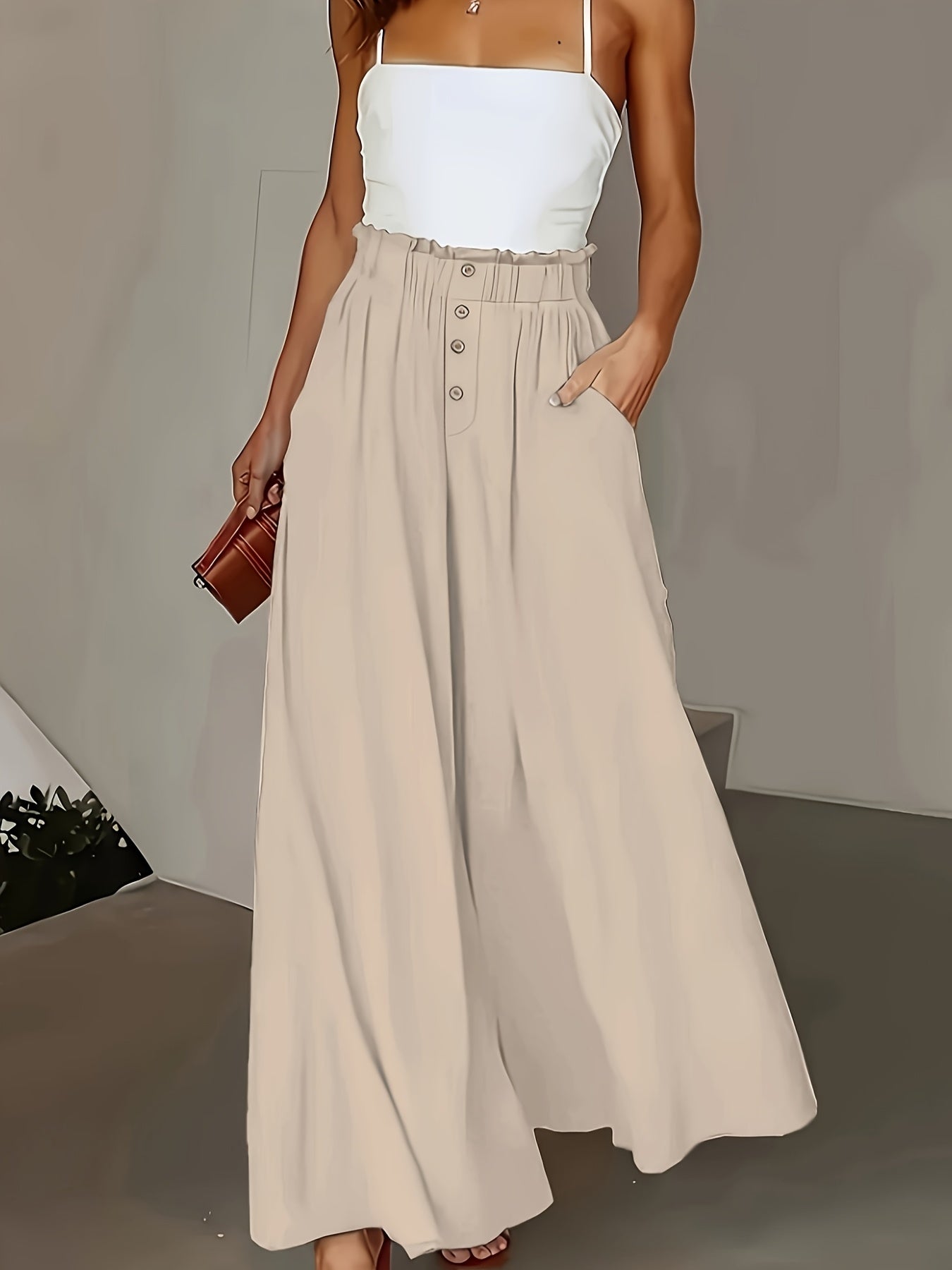 Women's Elegant Wide-Leg Trousers with Extended Length - Beige Solid Color High-Waisted Non-Stretch Pants, Structured Fit for All-Season Casual & Formal Outfits, Versatile Office to Semi-Formal Wear, Allseason Clothing, Classic Design, Quality S