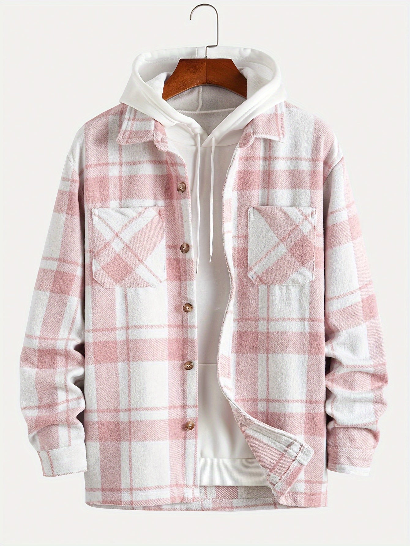 Big Plaid Pattern Men's Retro Casual Long Sleeve Lapel Shirt With Pocket Design, Fall Winter Outdoor