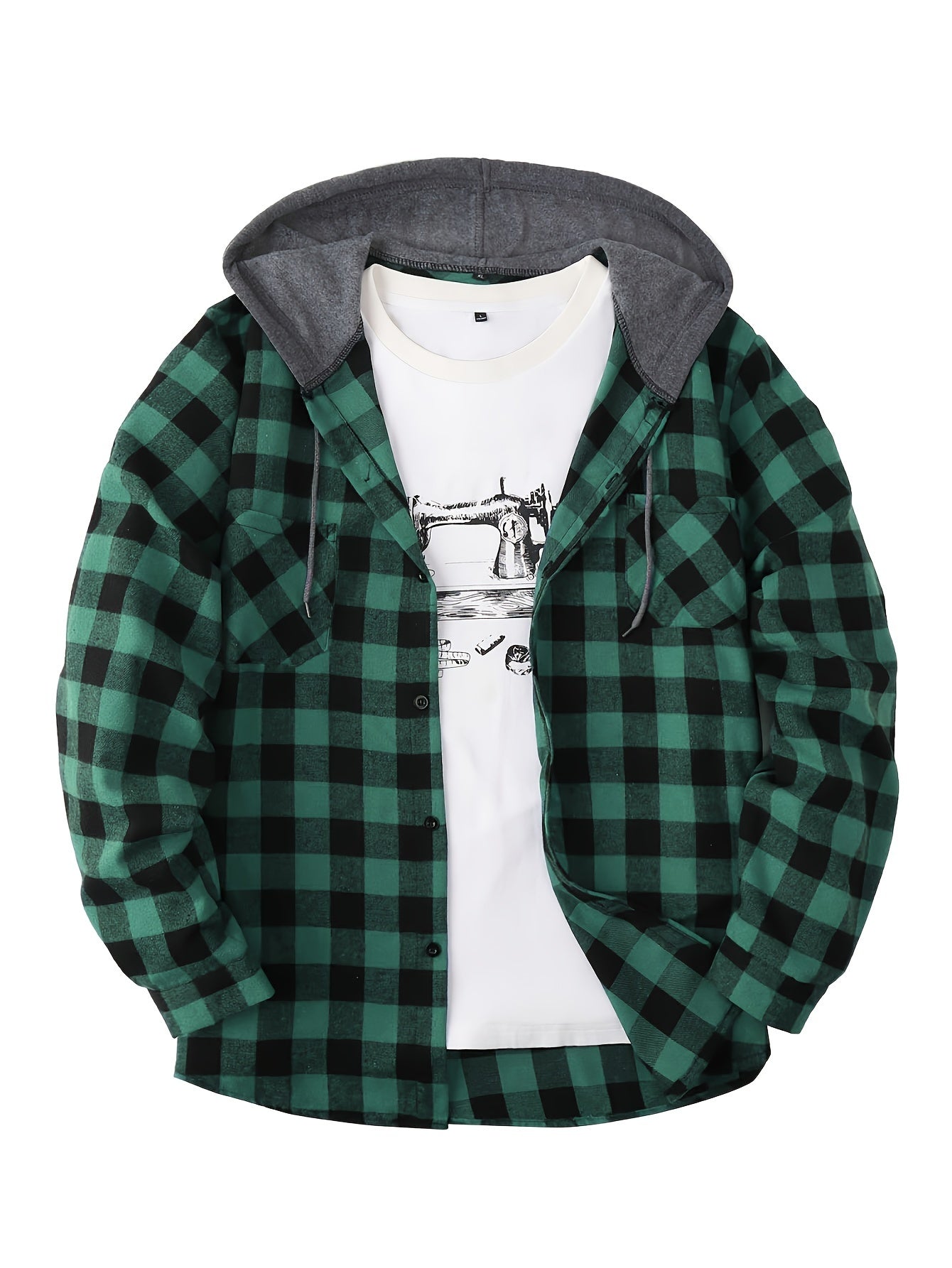Men's Casual Plaid Hoodie Shirt - Long Sleeve Button-Up with Drawstring Hood, Red & Yellow Gingham Print, Polyester Blend, Comfortable and Stylish for Casual Attire, Essential Hoodie