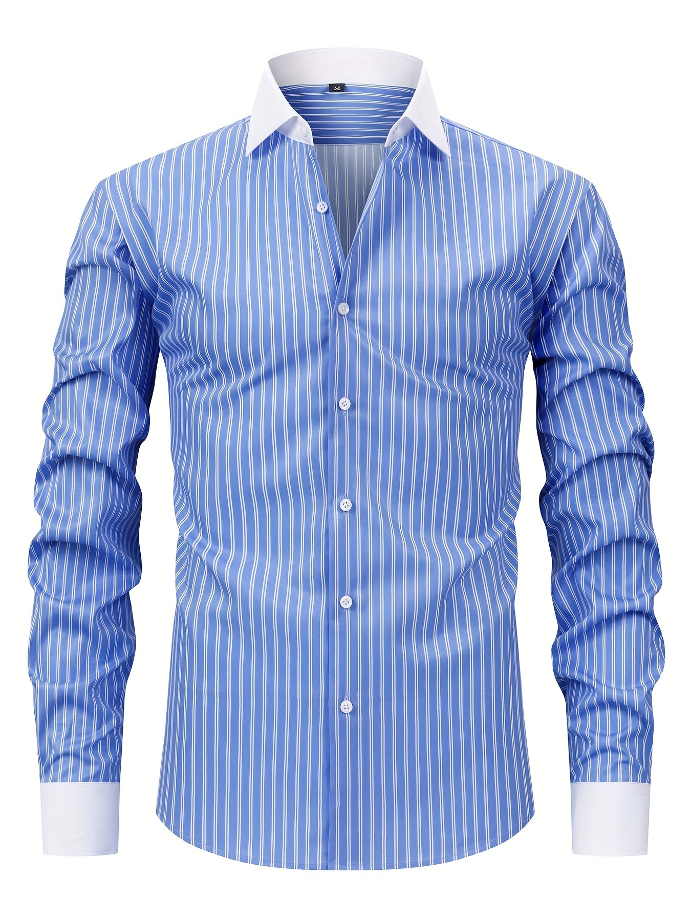 Men'S Elegant Striped Long Sleeve Button-Up Shirt - Red & White, Stretchy Polyester Blend, Fitted Design, Perfect for Business or Casual Wear, Gift for Me