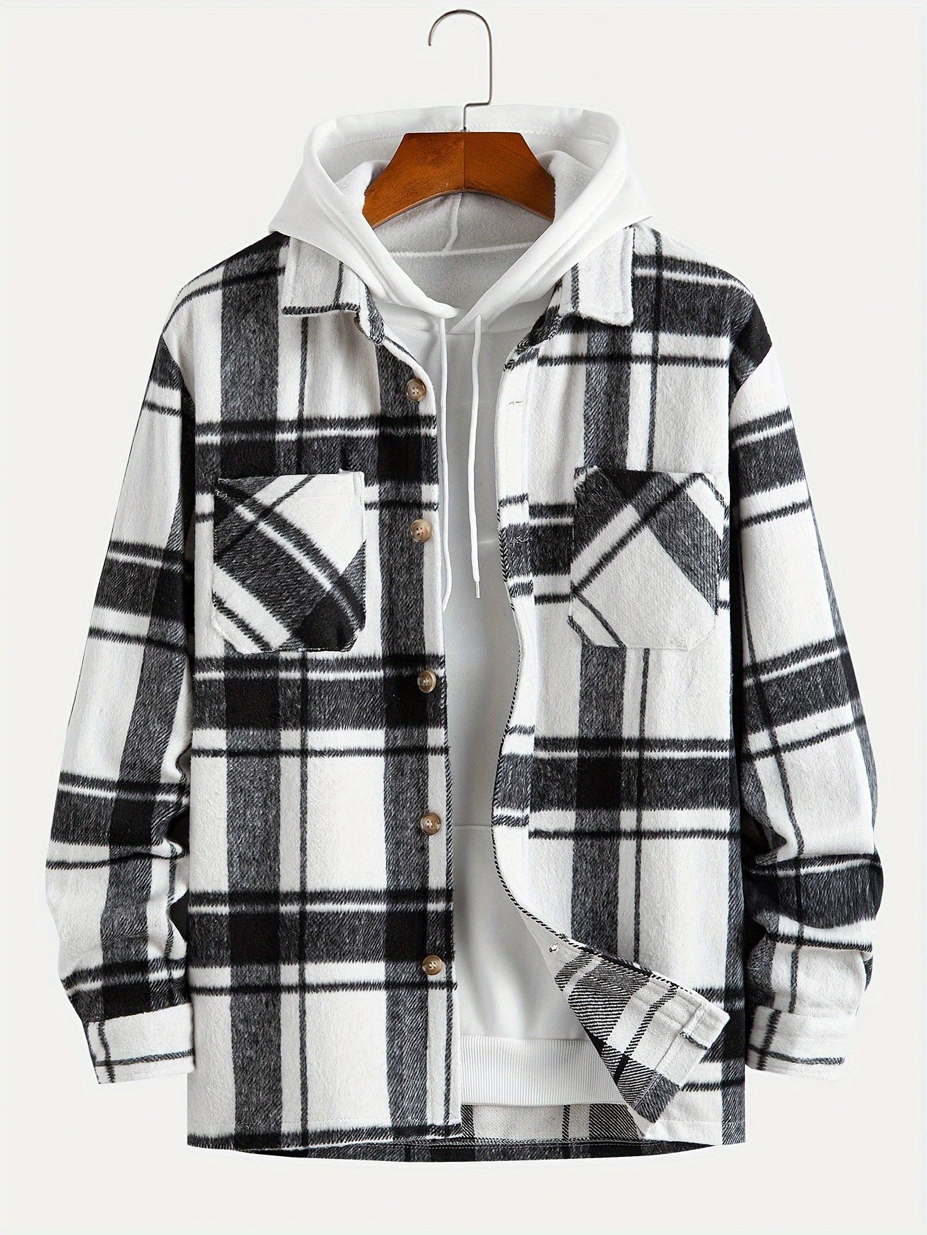Big Plaid Pattern Men's Retro Casual Long Sleeve Lapel Shirt With Pocket Design, Fall Winter Outdoor