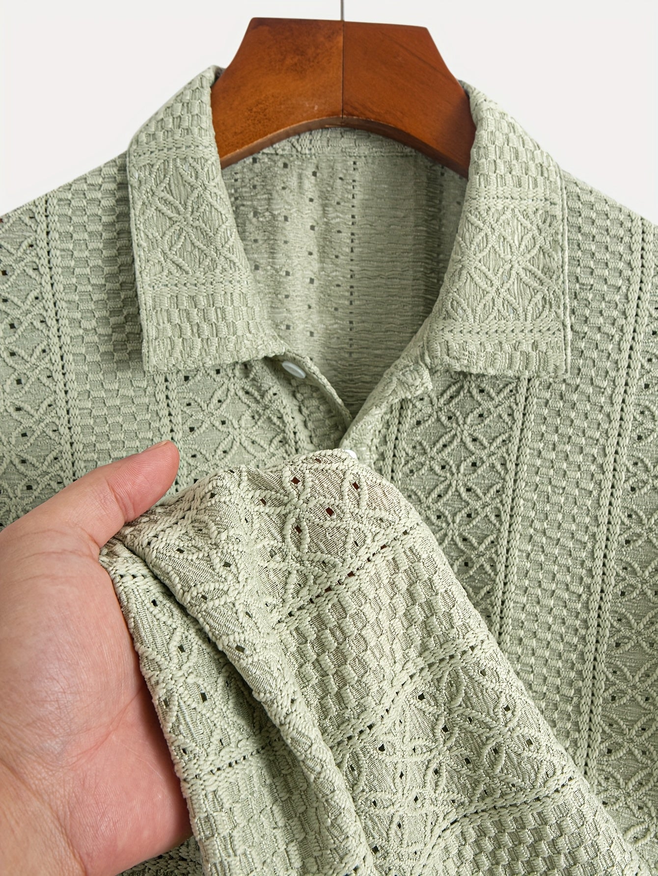 1pc Striped Knit Shirt for Men - Breathable Short Sleeve with Lace-Like Cut-Out Detail, Lightweight Casual Top, Hand Wash Only, Warm Weather Top, Textured Pattern, Delicate Knitwork, Men's Top, Stylish Men