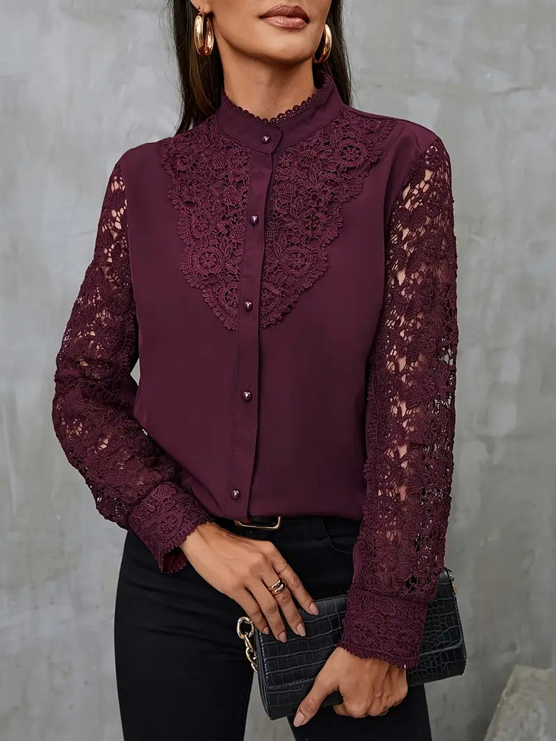 Solid Polyester Blouse Solid Contrast Lace