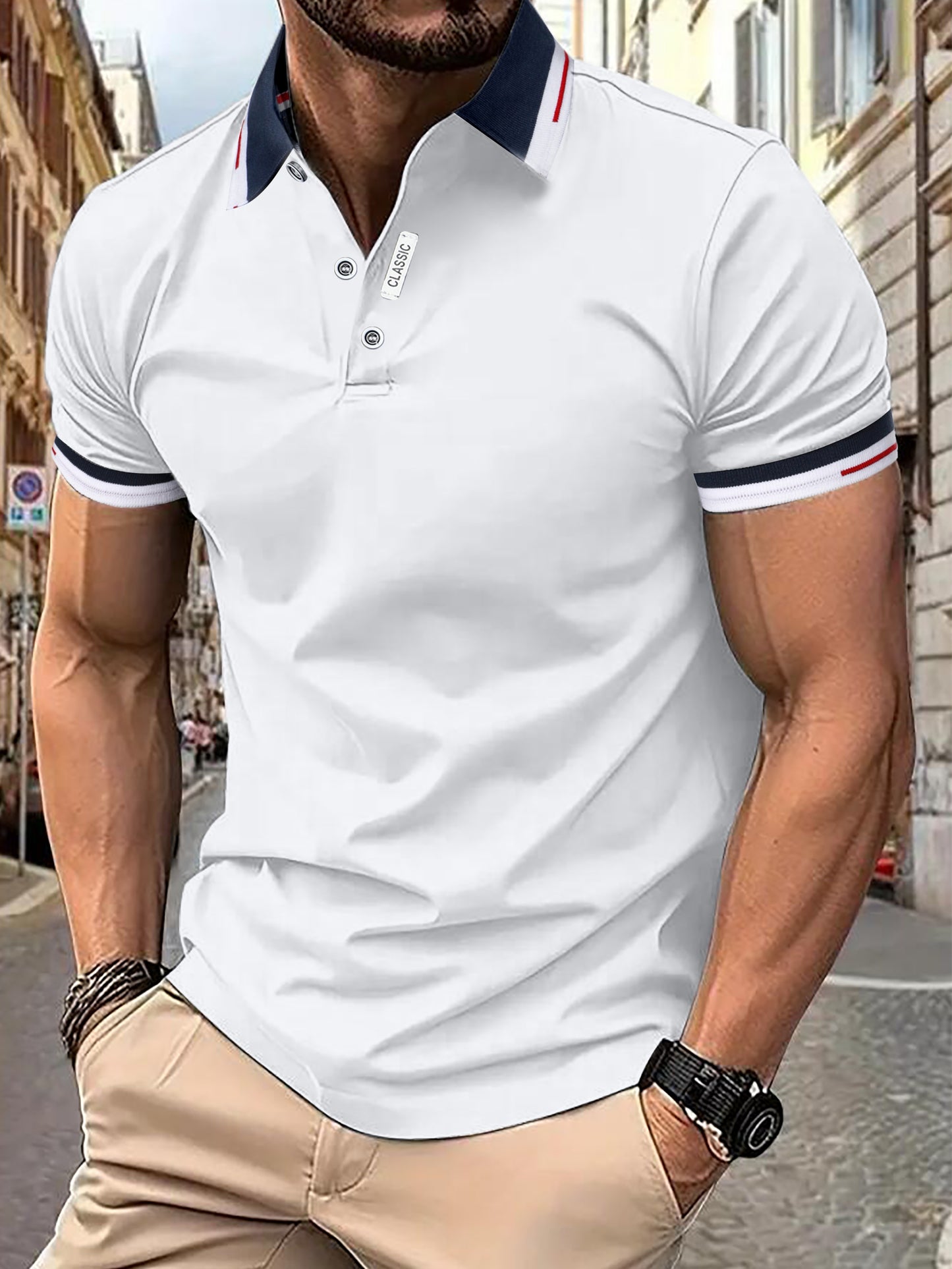 Men's Sleek Black Shirt - Casual & Sporty, Short-Sleeved with Contrast Collar and Trim, 100% Polyester, Button Detail, Ideal for Summer