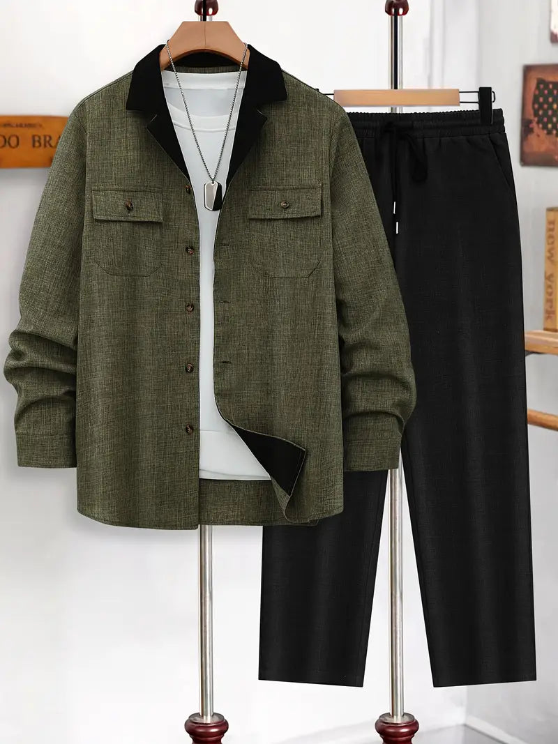 Polyester Button-Up Long Sleeve 2-Piece Pants