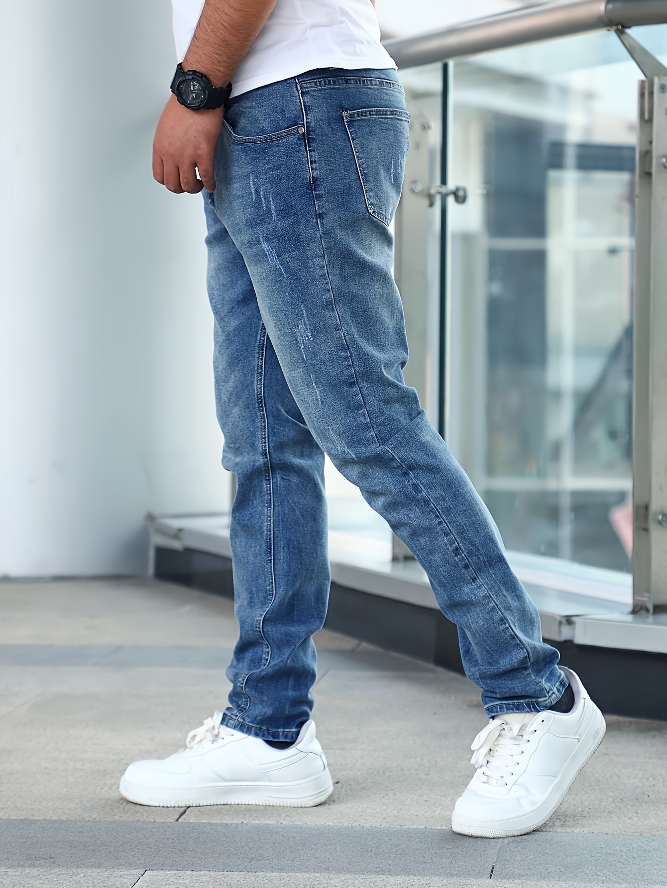 Men'S Slim-Fit Stretch Denim Jeans - Light Blue, Casual Style, All-Season Comfort, Regular Fit, Solid Color, Washed Finish, Perfect for Teens, Teenage Fashion|Casual Style Jeans|Woven Denim