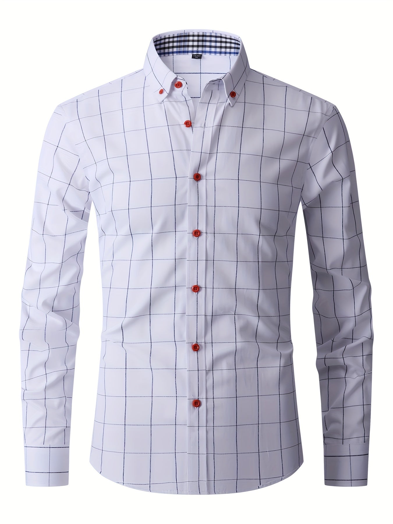 Men'S Light Business Long Sleeve Button-Up Shirt - Gray & White Checkered Pattern, Regular Fit, Single-Breasted with Red Buttons, Perfect for Spring & Fall, Spring Fall Attire | Checkered Pattern Shirt | Polyester Blend