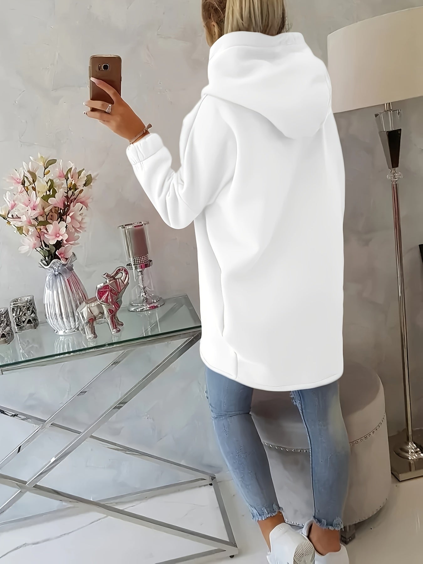 Women'S Casual Black Hooded Jacket with Front Pockets - Long Sleeve, Ripped Jeans & White Sneakers, Perfect for Spring/Fall, Autumn Fashion Jacket | Relaxed Fit Hoodie | Zippered Hoodie