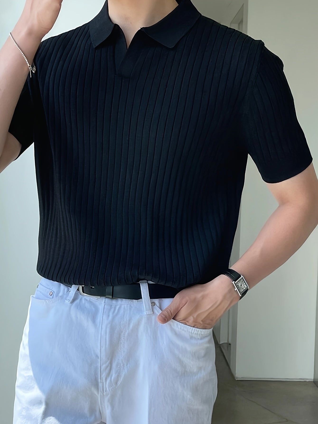 2024 New Men'S Small Hole Short Sleeve Polo Shirt Knitted Sweater - Beige, Medium Stretch, Solid Color, Regular Fit, All-Season Casual Wear, Casual Wear Sweater|Minimalist Style|Knit Construction, Sweater Vest