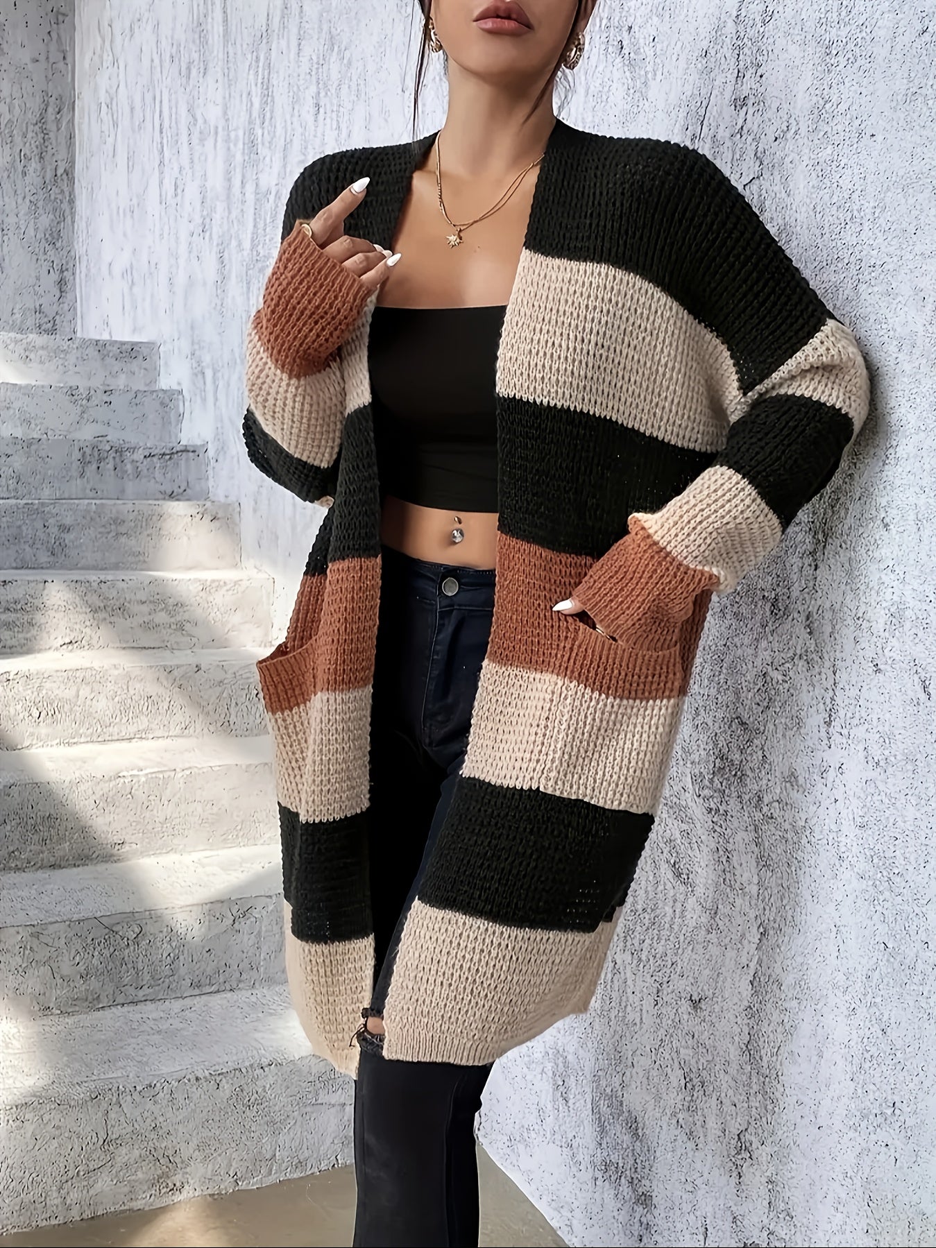 Long Sleeve Color Block Pockets Cardigan for Fall & Winter, Casual Women's Clothing