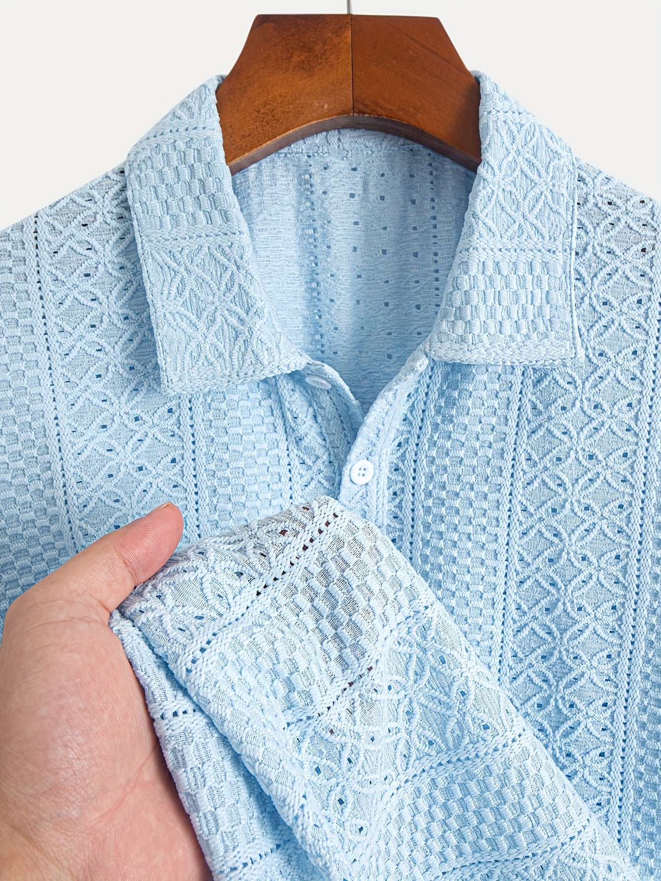 1pc Striped Knit Shirt for Men - Breathable Short Sleeve with Lace-Like Cut-Out Detail, Lightweight Casual Top, Hand Wash Only, Warm Weather Top, Textured Pattern, Delicate Knitwork, Men's Top, Stylish Men