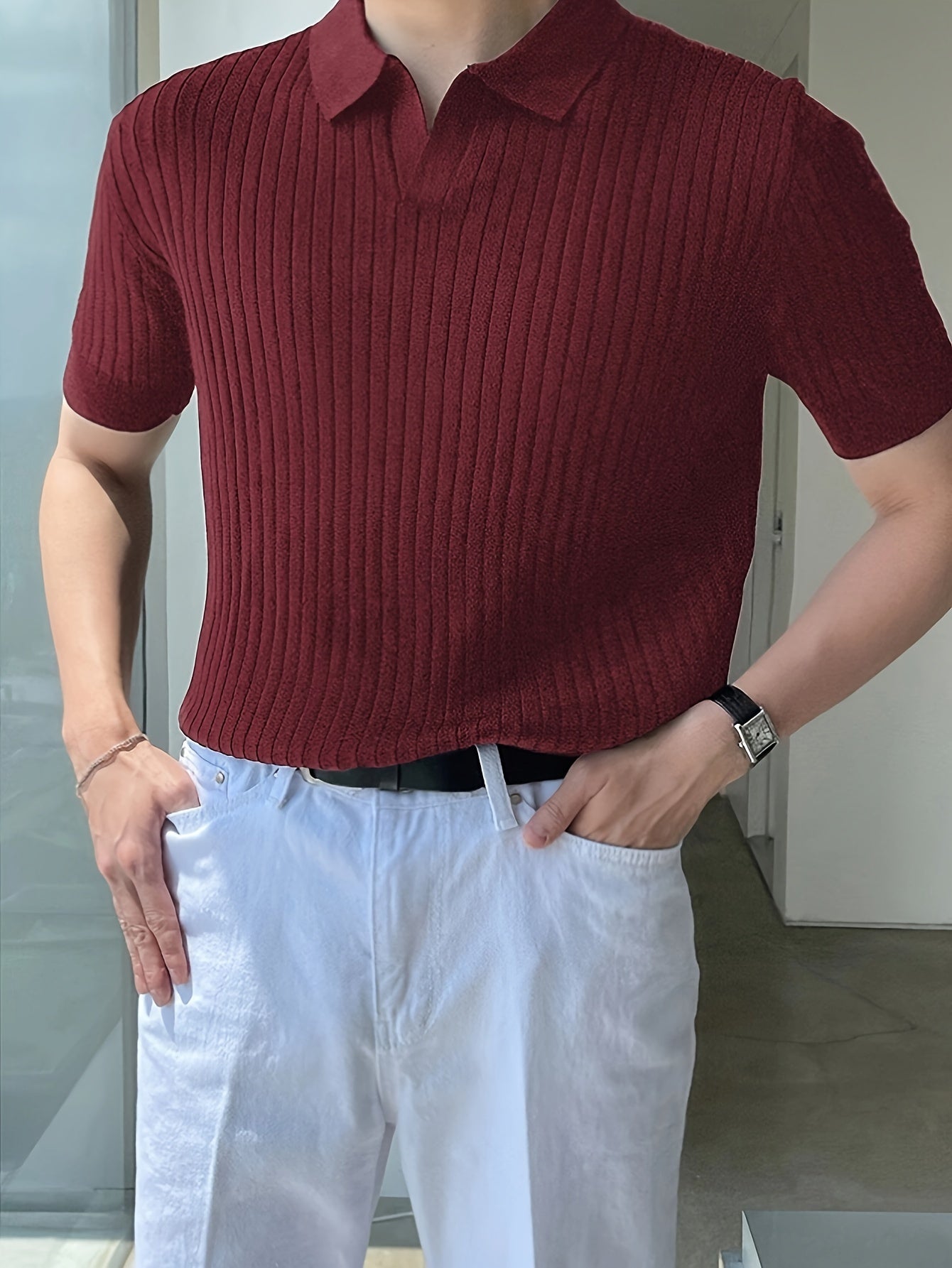 2024 New Men'S Small Hole Short Sleeve Polo Shirt Knitted Sweater - Beige, Medium Stretch, Solid Color, Regular Fit, All-Season Casual Wear, Casual Wear Sweater|Minimalist Style|Knit Construction, Sweater Vest