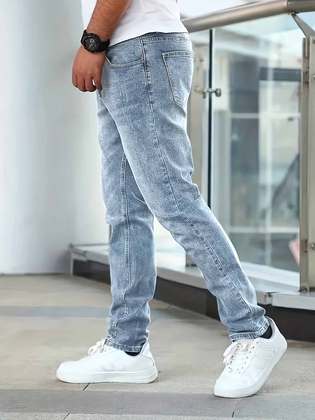 Men'S Slim-Fit Stretch Denim Jeans - Light Blue, Casual Style, All-Season Comfort, Regular Fit, Solid Color, Washed Finish, Perfect for Teens, Teenage Fashion|Casual Style Jeans|Woven Denim