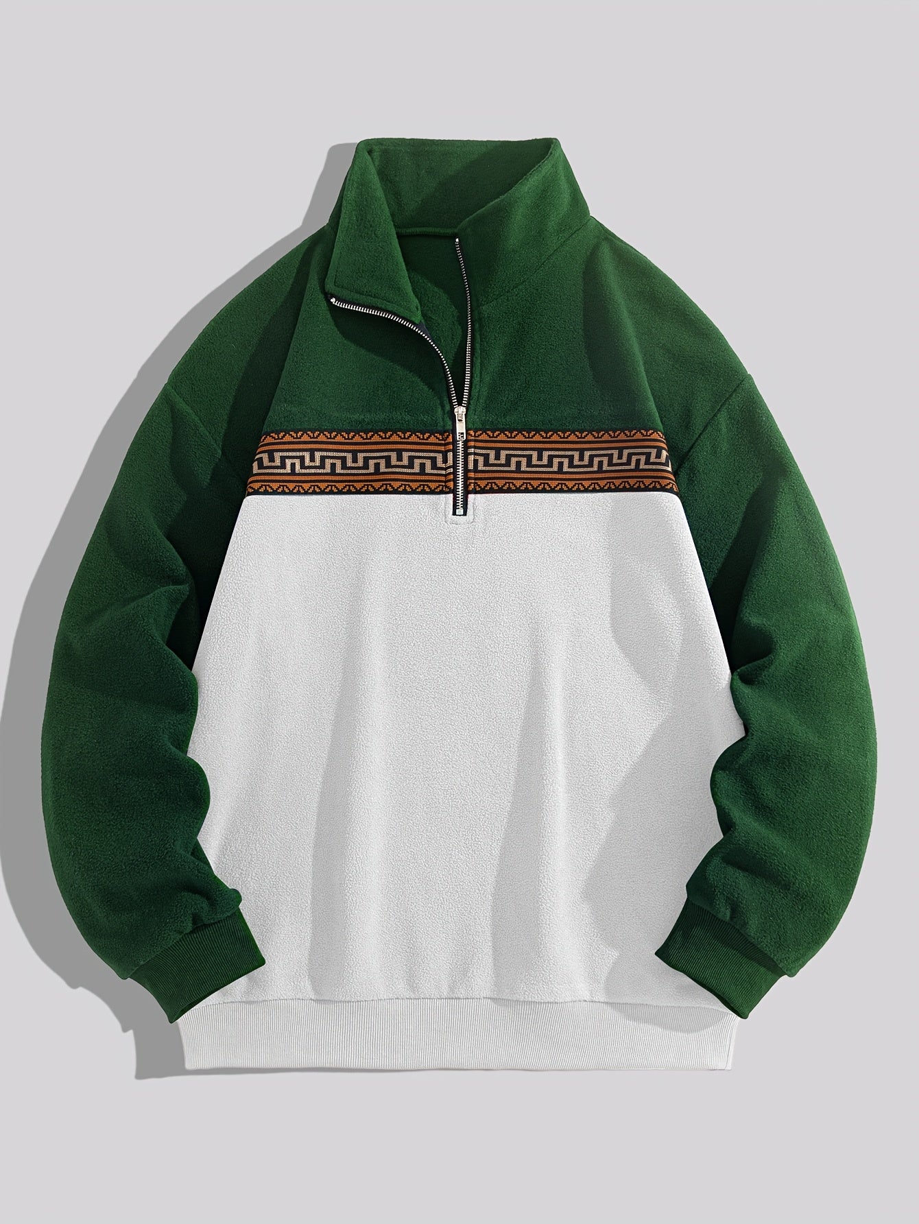 Men'S Cozy Fleece Zip-Up Hoodie with Geometric Pattern - Warm Casual Pullover in Black & Green, Loose Fit, Long Sleeves, Perfect for Fall/Winter, Winter Hoodie