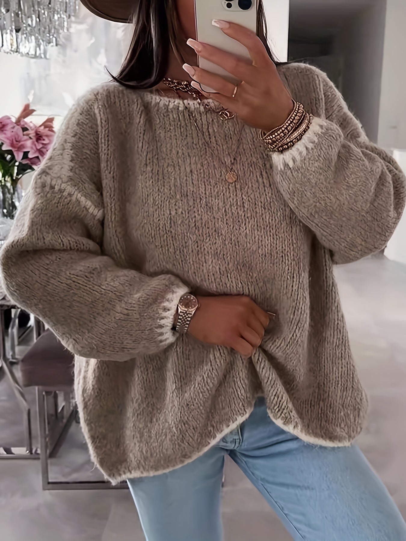 Solid Off-the-Shoulder Color Block Knit Sweater - Casual, Polyester, Fall/Winter, Knit Fabric, 88.2 g/m²