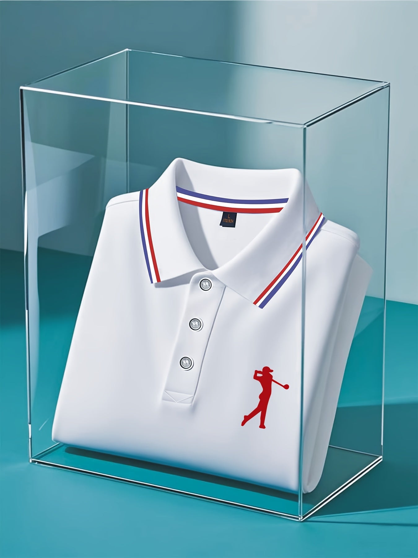 Men's Short Sleeve Shirt - White with Red Golf Print, Striped Collar & Cuffs, Breathable Summer Golf & Casual Wear, Machine Washable Regular Fit, Durable Fabric