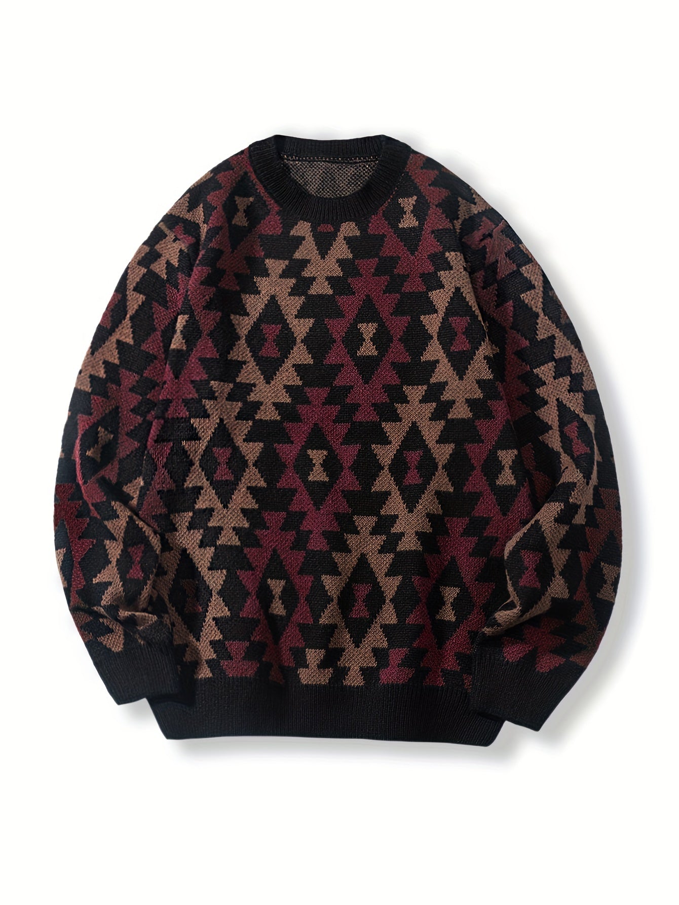 Geometric Pattern Design Men's Casual Crew Neck Long Sleeve Knitted Pullover Sweater For Outdoor Casual, Autumn And Winter