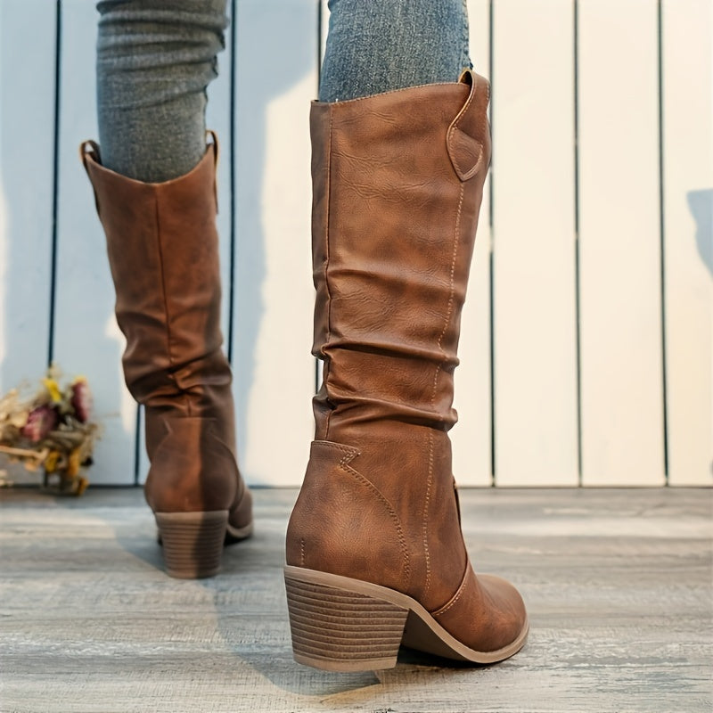 Timeless Tan Vegan Leather Block Heel Boots with Block Heel