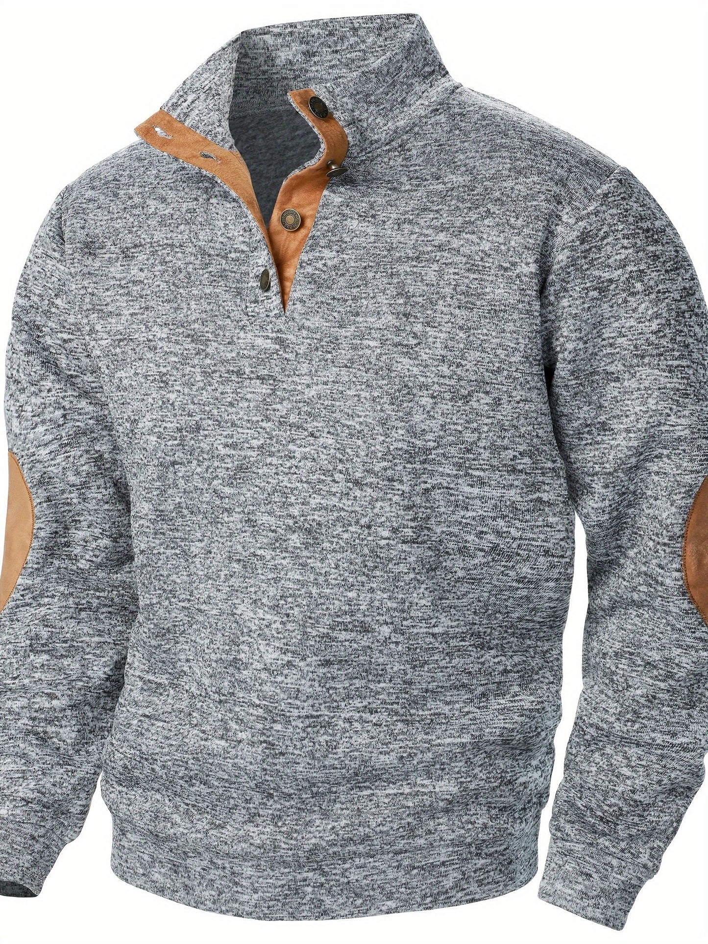 Men's Stand Collar Long Sleeve Casual Hoodie Top - Autumn Winter Warm Pullover with Button Detail, Solid Color Regular Fit for Casual Attire