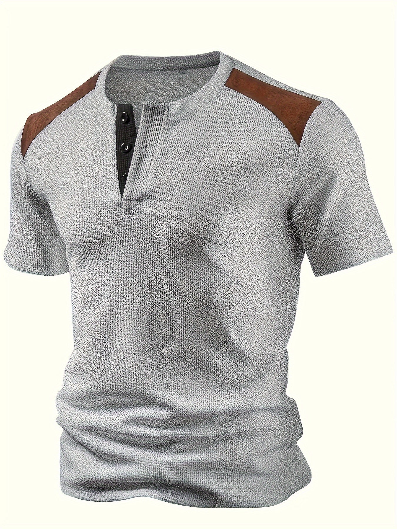 Men'S Waffle Texture Two-Tone Henley Shirt - Casual Summer Short Sleeve, Round Neck, Non-Stretch Fabric