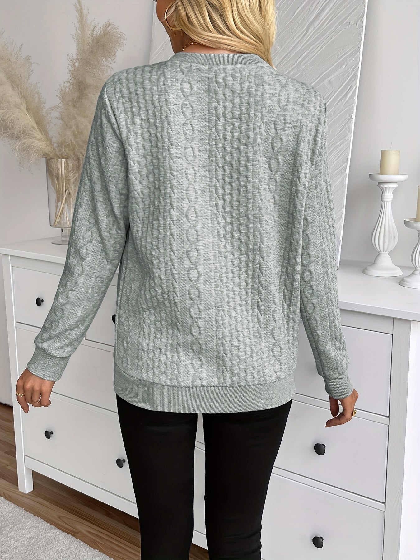 Chic Women's Half-Zip Pullover Sweatshirt - Elegant Solid Color Long Sleeve with Textured Cable Knit, Baseball Collar & Front Zipper, Polyester Blend, Machine Washable, Spring/Fall Casual Wear, Everyday Sweatshirt | Baseball Collar Top | Ribbed