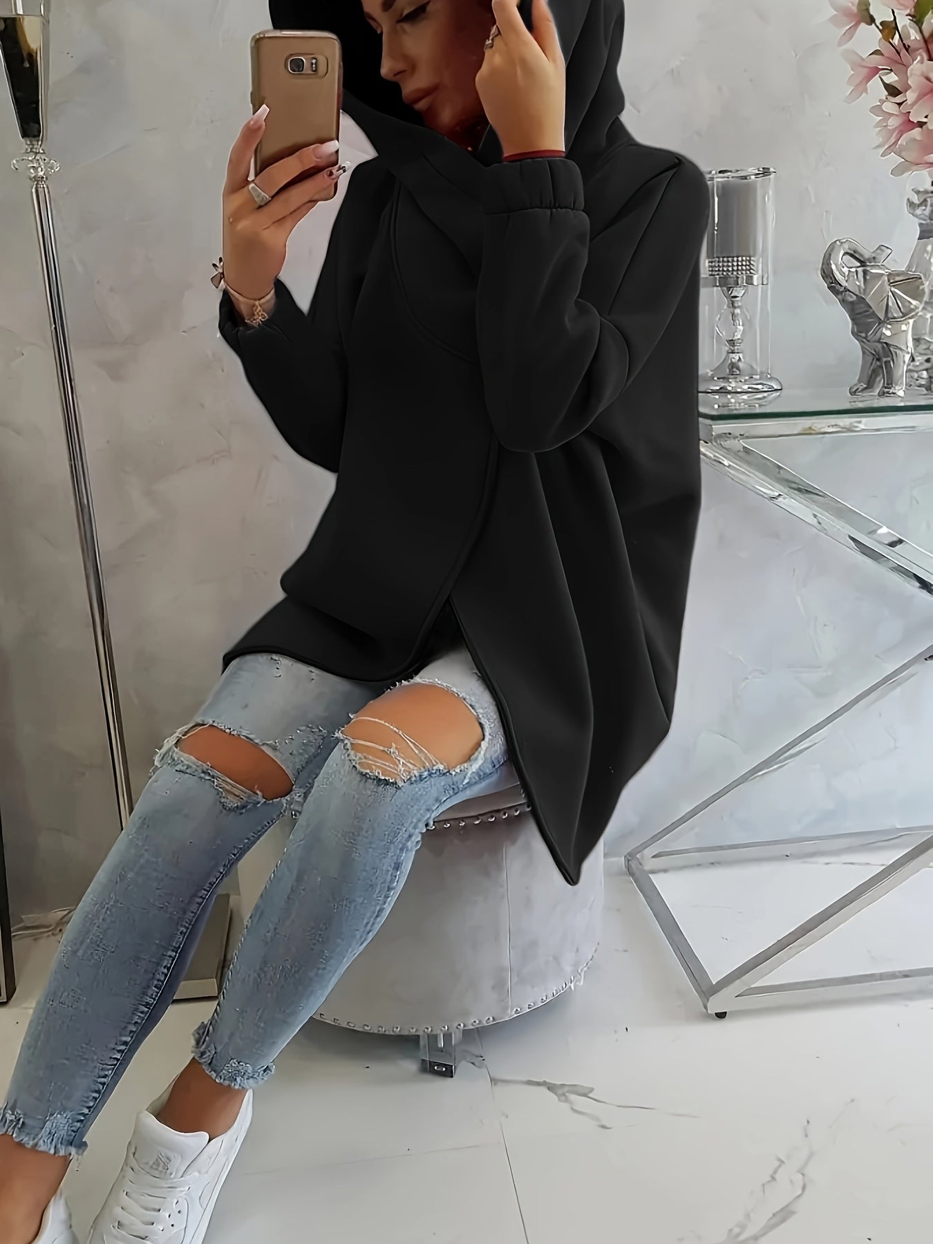 Women'S Casual Black Hooded Jacket with Front Pockets - Long Sleeve, Ripped Jeans & White Sneakers, Perfect for Spring/Fall, Autumn Fashion Jacket | Relaxed Fit Hoodie | Zippered Hoodie
