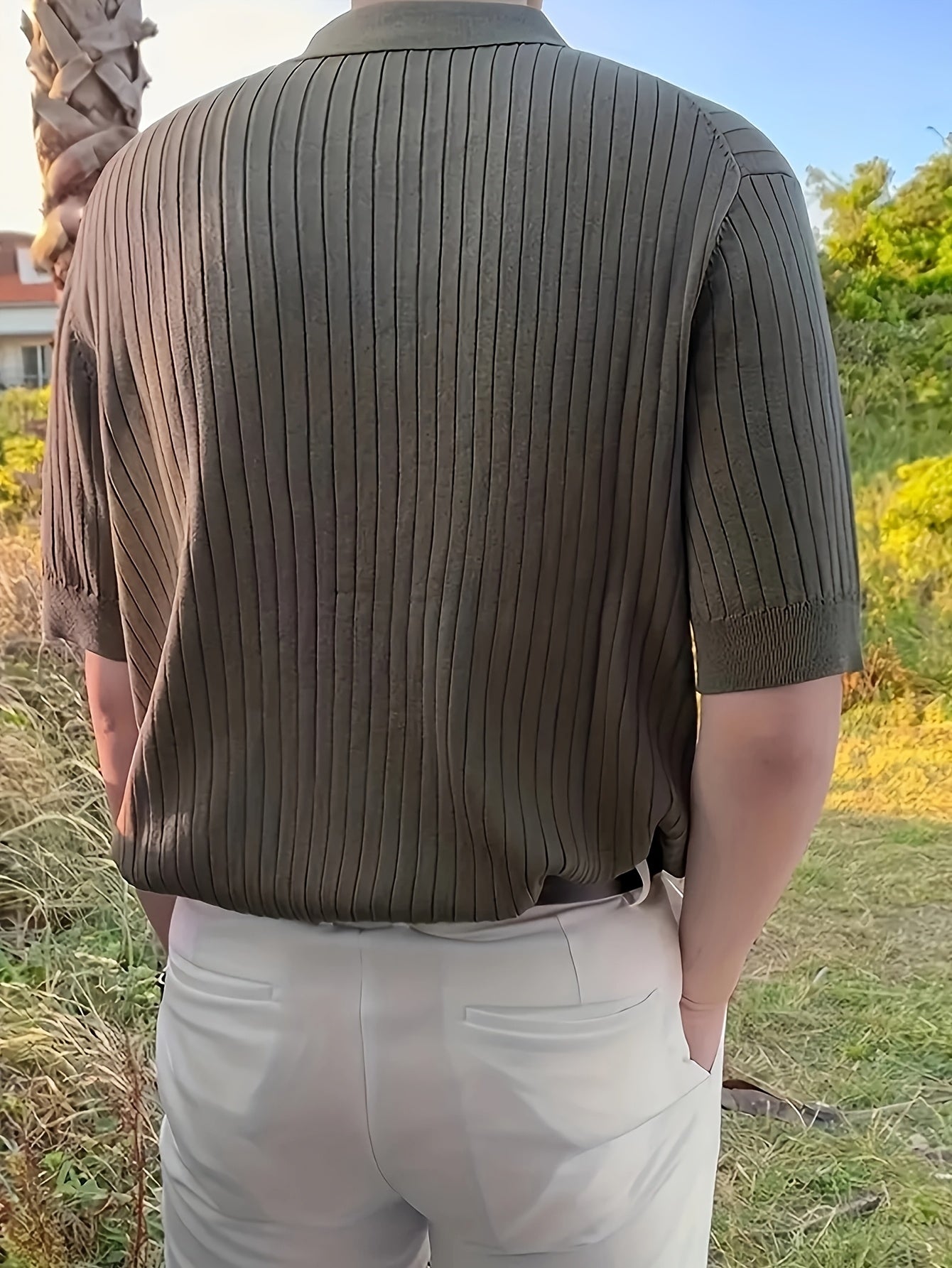 2024 New Men'S Small Hole Short Sleeve Polo Shirt Knitted Sweater - Beige, Medium Stretch, Solid Color, Regular Fit, All-Season Casual Wear, Casual Wear Sweater|Minimalist Style|Knit Construction, Sweater Vest