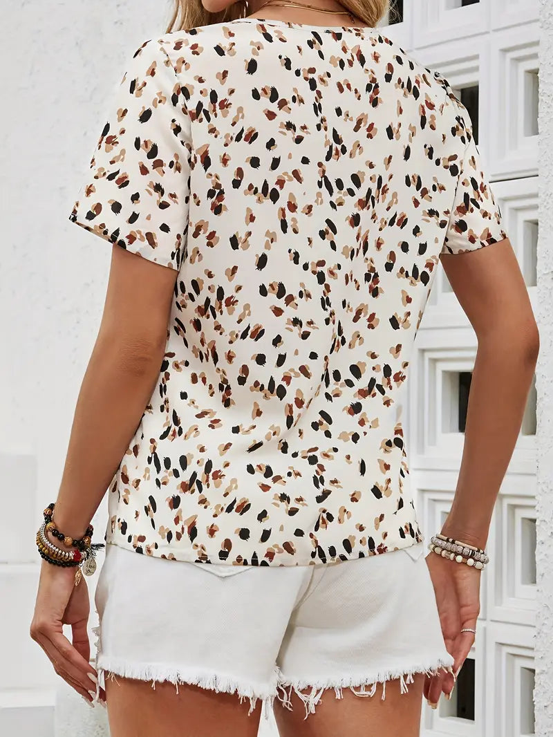 Polyester Blouse Allover Print Notched