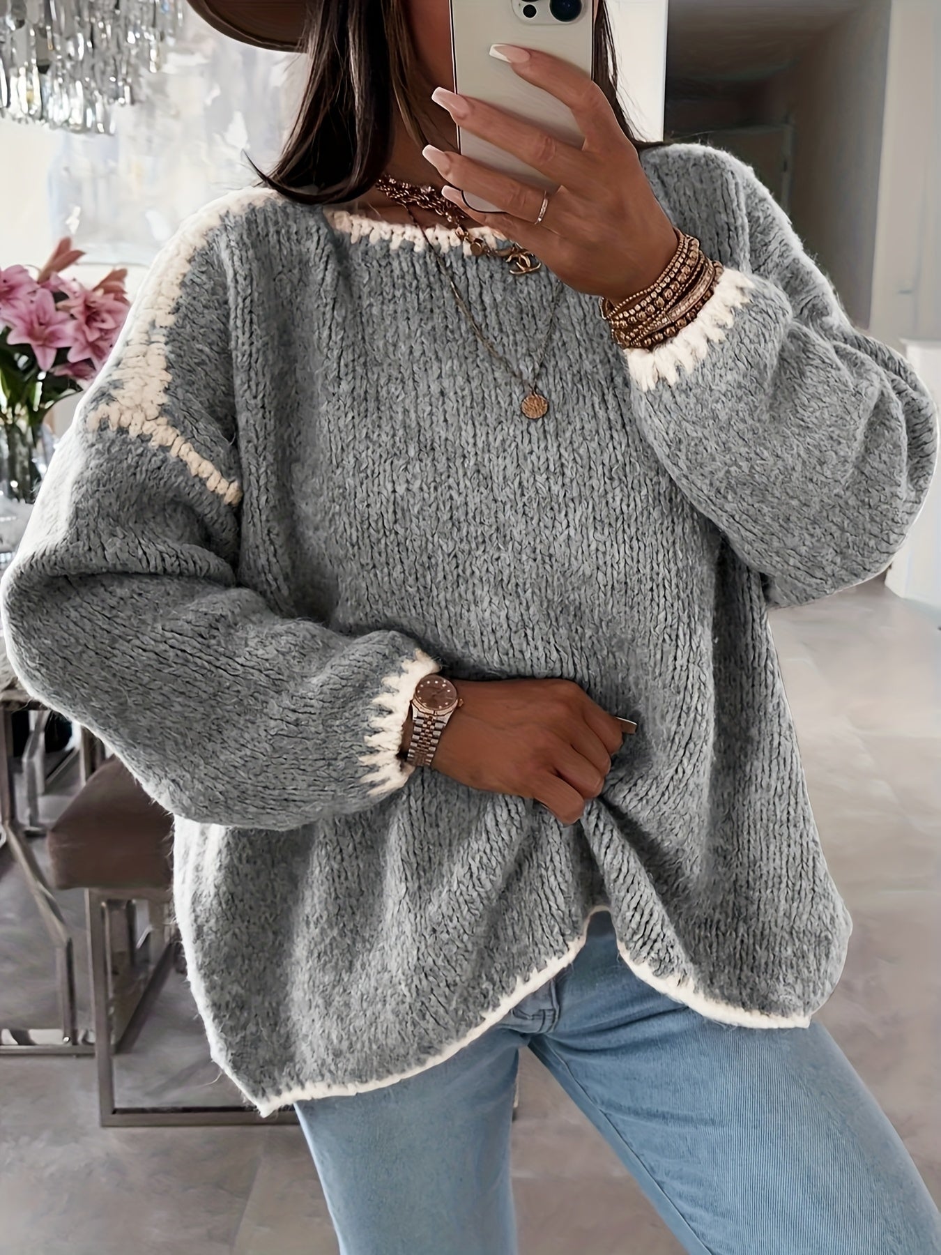 Solid Off-the-Shoulder Color Block Knit Sweater - Casual, Polyester, Fall/Winter, Knit Fabric, 88.2 g/m²