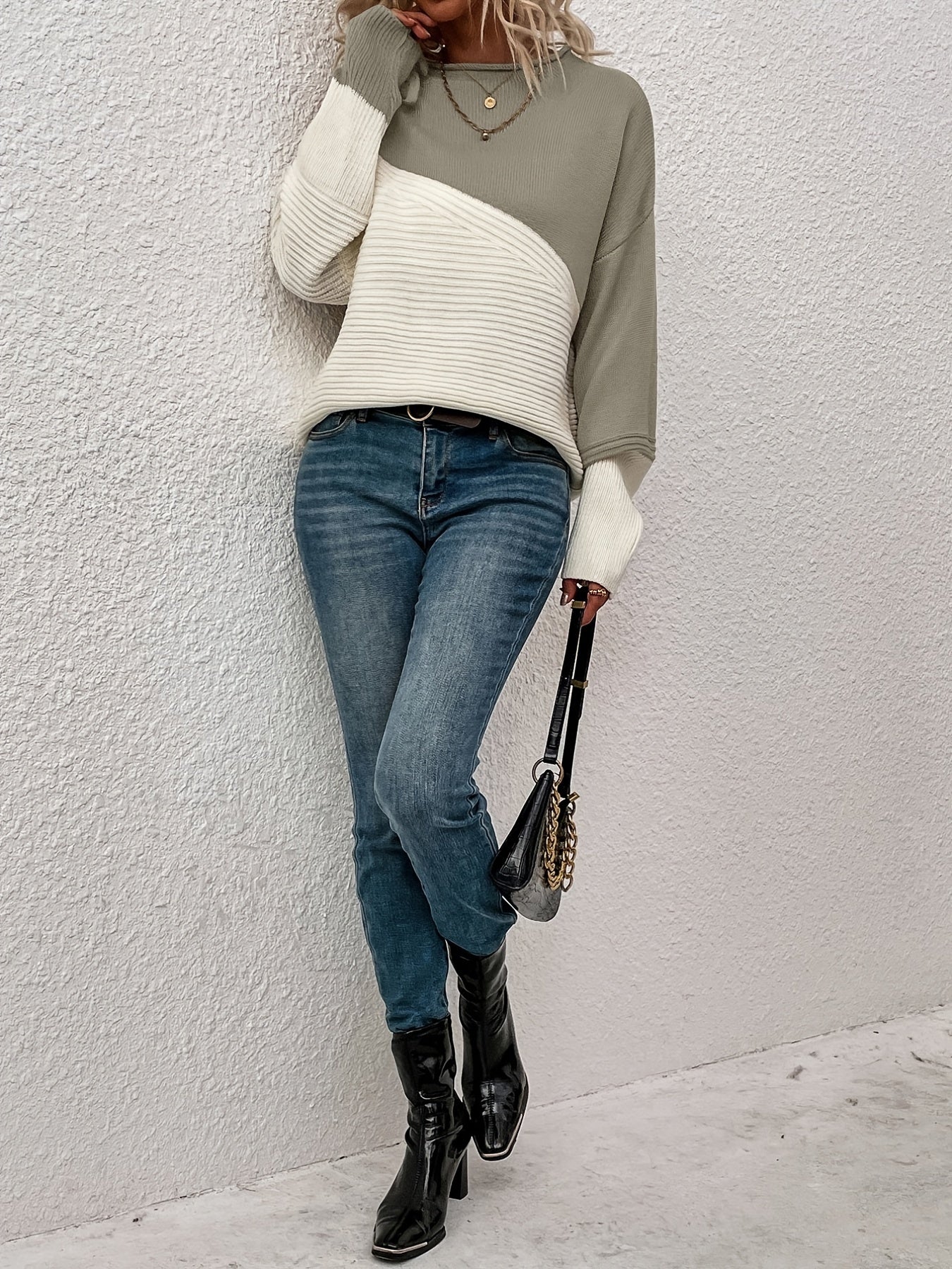 Womens Elegant Color Block Funnel Neck Pullover Sweater - Soft High Elasticity Acrylic Knit Fabric, Long Sleeve Drop Shoulder Design, Easy Care Hand Wash or Dry Clean, Perfect for Fall and Winter - Classic Style for Casual Daily Wear