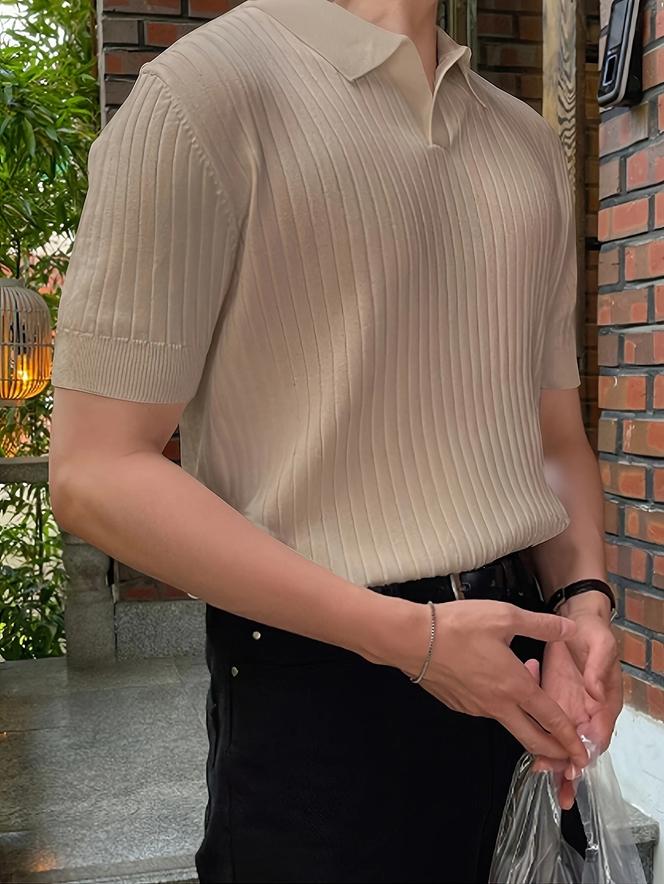 2024 New Men'S Small Hole Short Sleeve Polo Shirt Knitted Sweater - Beige, Medium Stretch, Solid Color, Regular Fit, All-Season Casual Wear, Casual Wear Sweater|Minimalist Style|Knit Construction, Sweater Vest