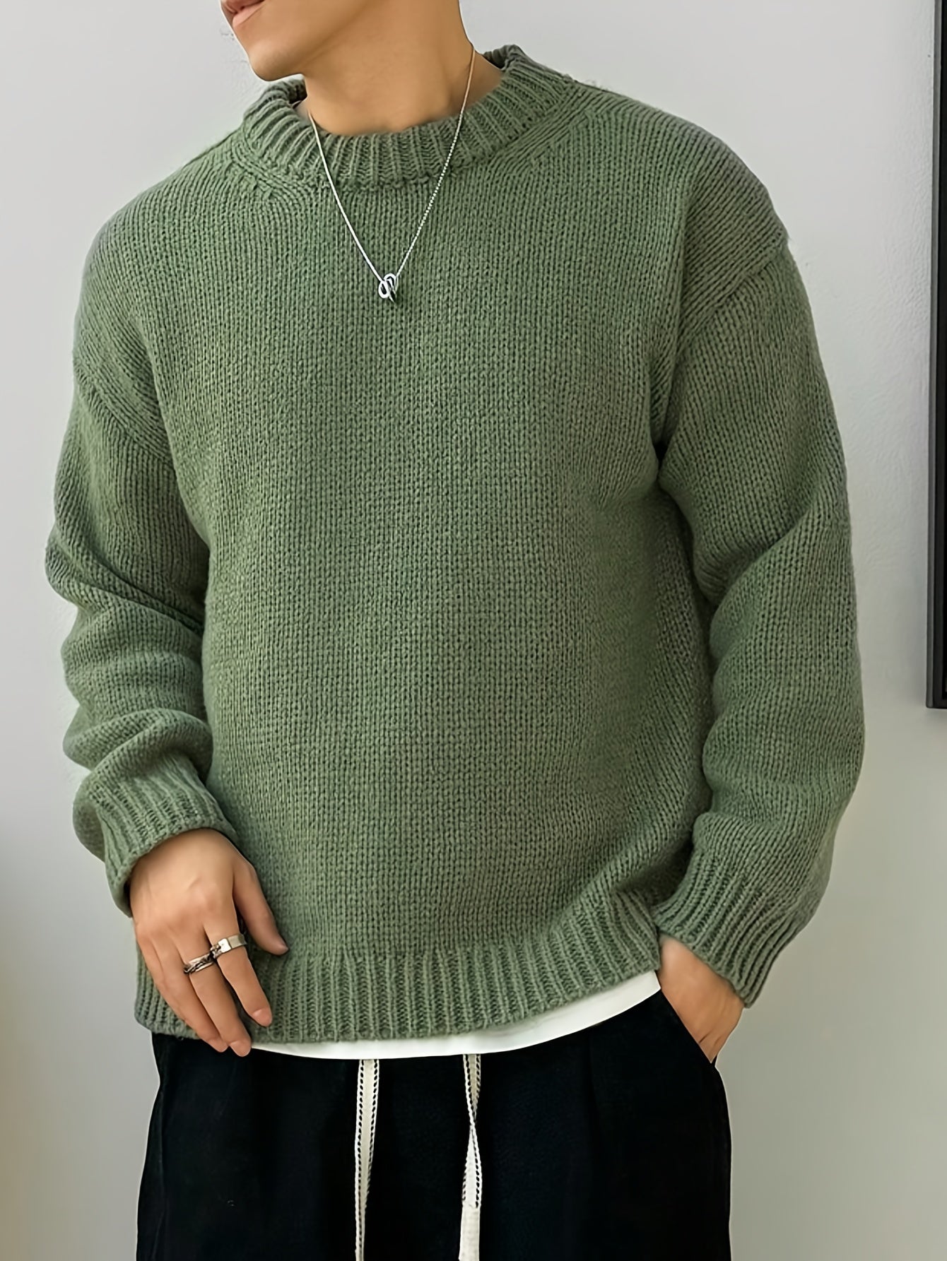 Men's Solid Knitted Pullover, Casual Long Sleeve Crew Neck Sweater For Fall Winter