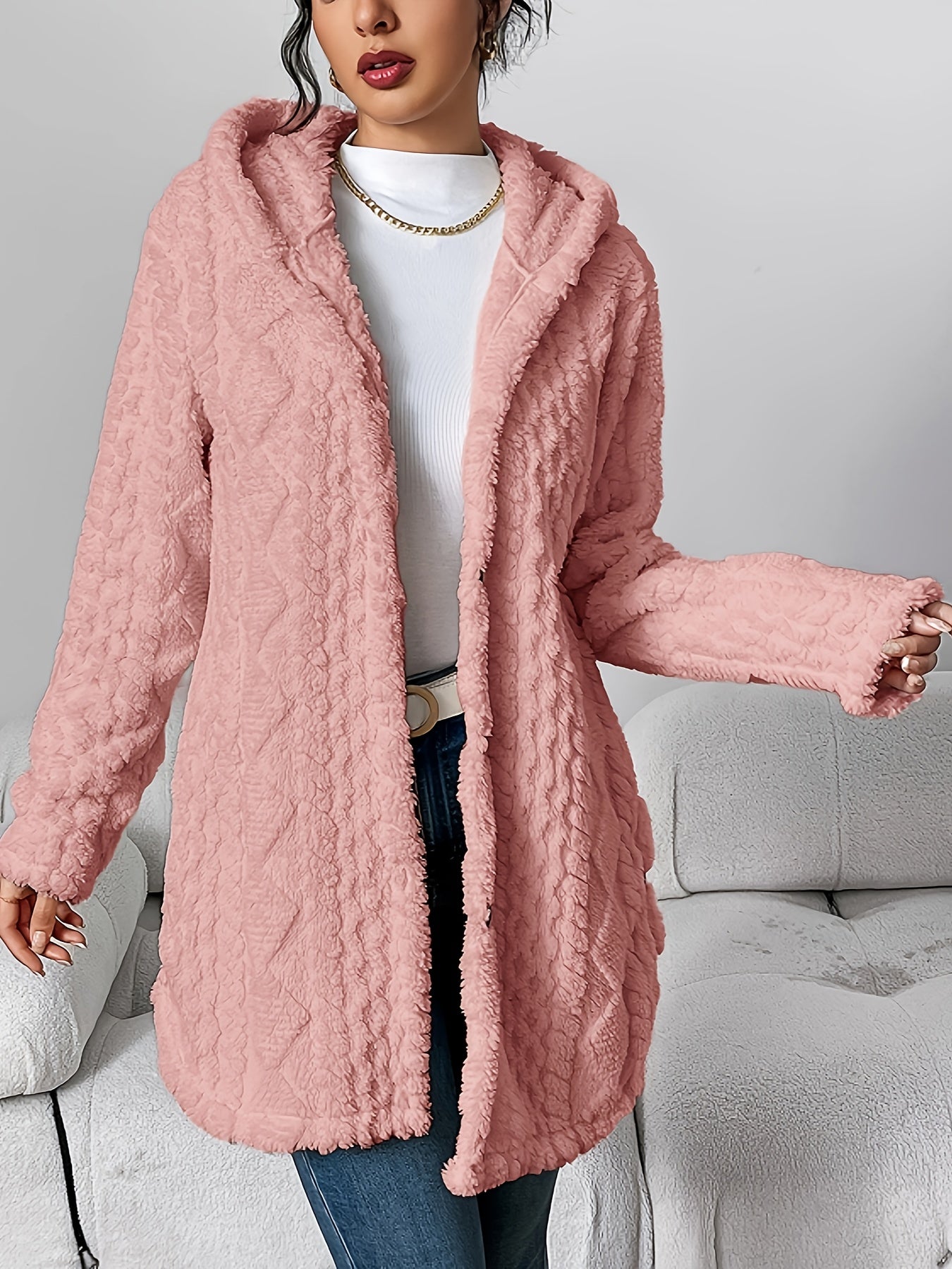 Autumn-Winter Warm Fashion Jacquard Plush Hooded Cardigan Coat