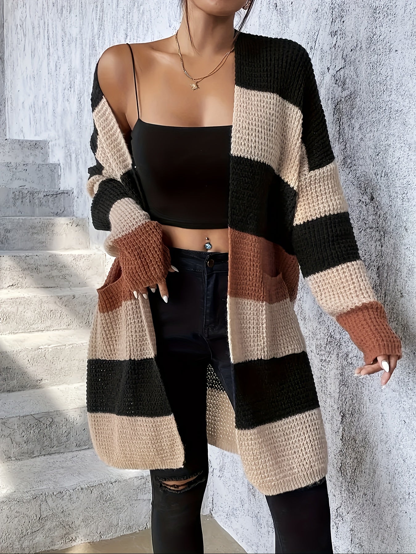 Long Sleeve Color Block Pockets Cardigan for Fall & Winter, Casual Women's Clothing