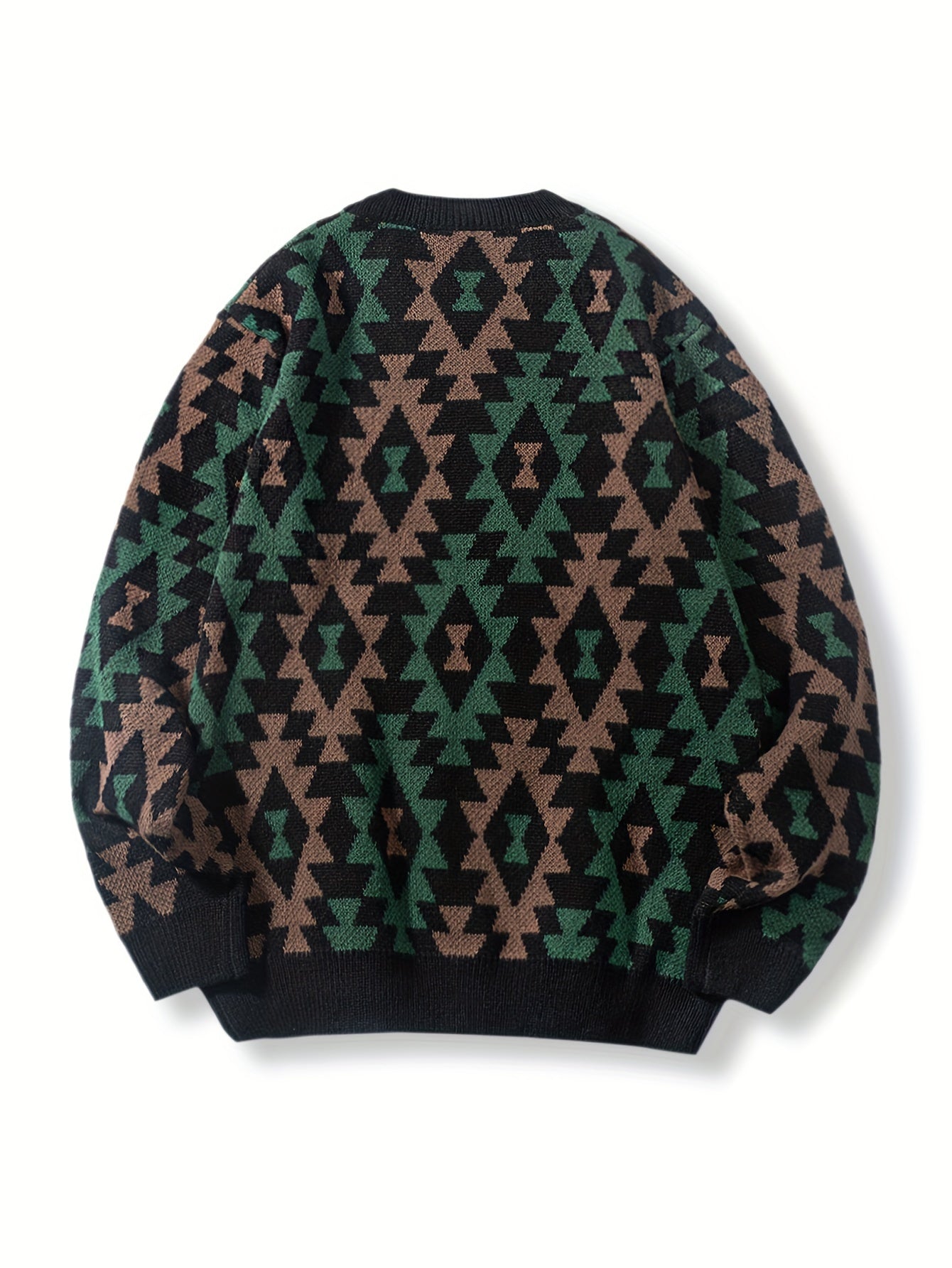 Geometric Pattern Design Men's Casual Crew Neck Long Sleeve Knitted Pullover Sweater For Outdoor Casual, Autumn And Winter